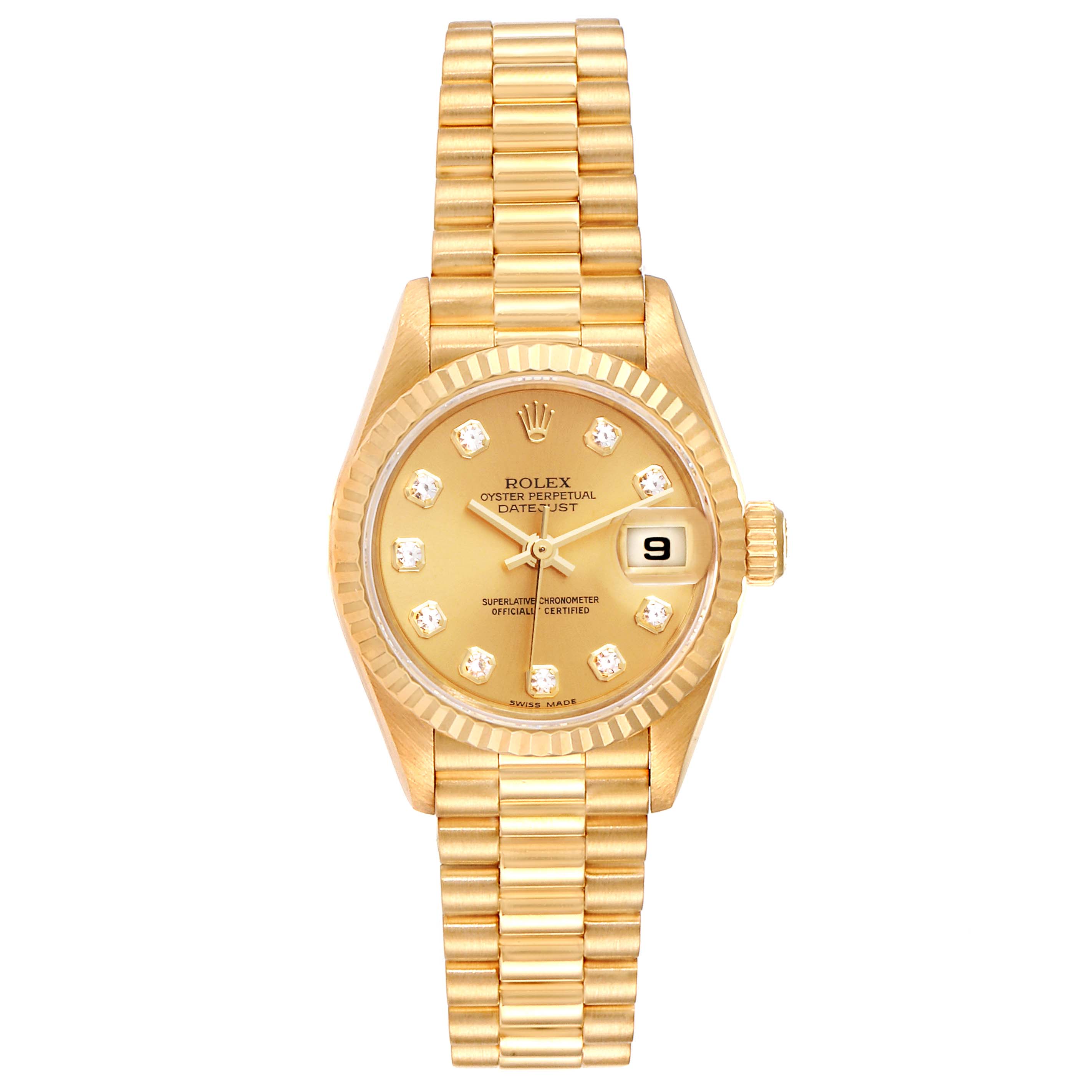 This image shows a front view of the Rolex President 79178  Women
s Yellow Gold Champagne Dial 79178  Women
s Yellow Gold Champagne Dial model watch, displaying its dial, bezel, and bracelet.