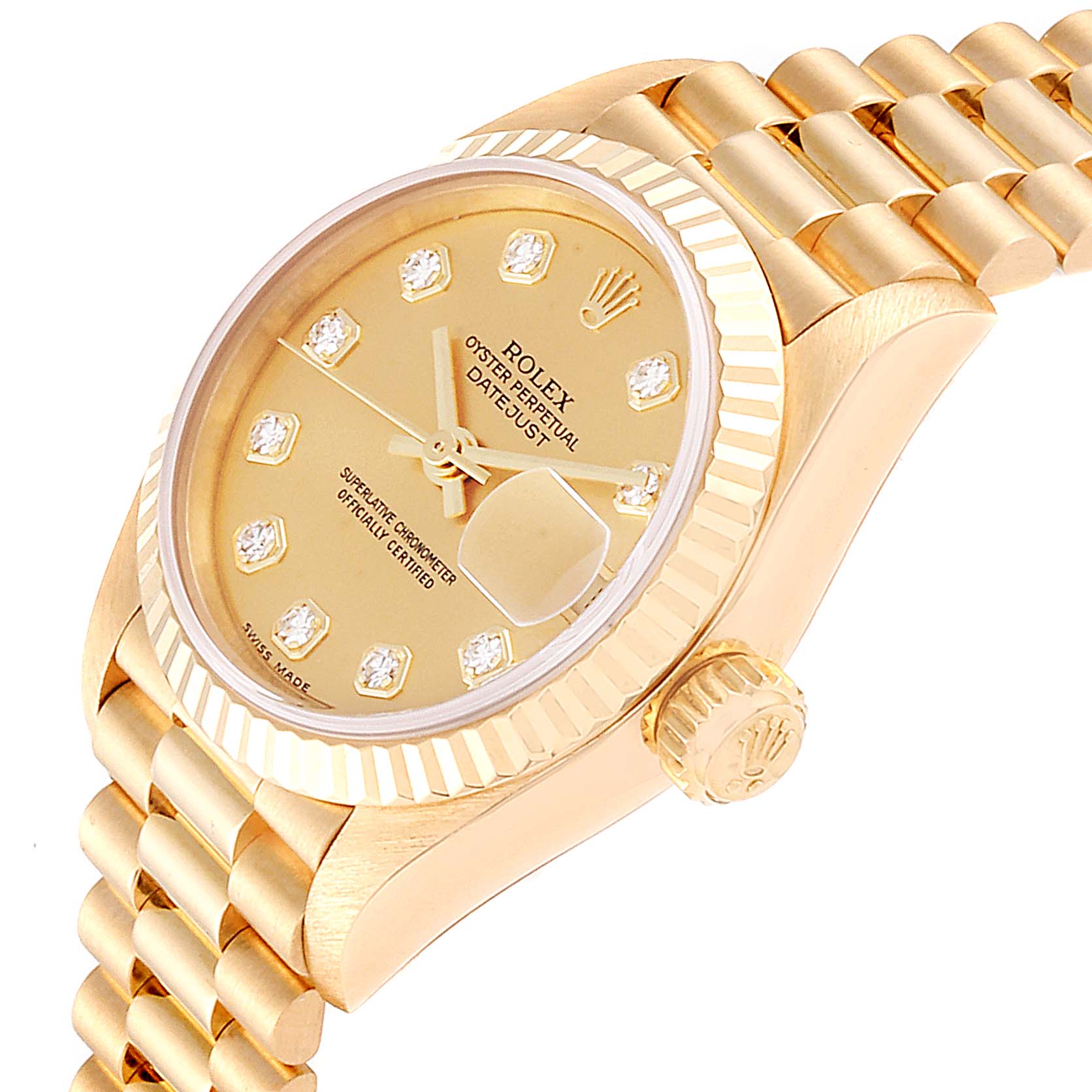 The image shows a close-up of the Rolex President 79178  Women
s Yellow Gold Champagne Dial 79178  Women
s Yellow Gold Champagne Dial model, highlighting the watch face, bezel, and part of the band at an angle.