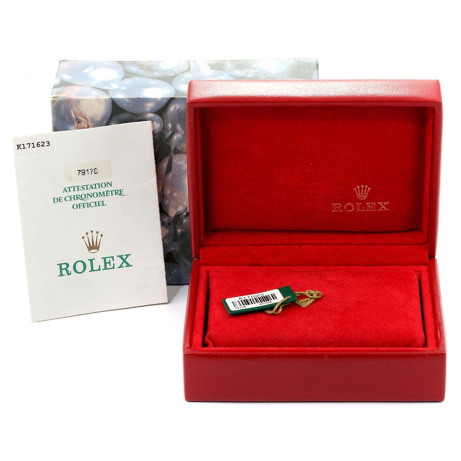 The image shows the packaging, red box, tag, and official chronometer certification for a Rolex President 79178  Women
s Yellow Gold Champagne Dial 79178  Women
s Yellow Gold Champagne Dial model watch.