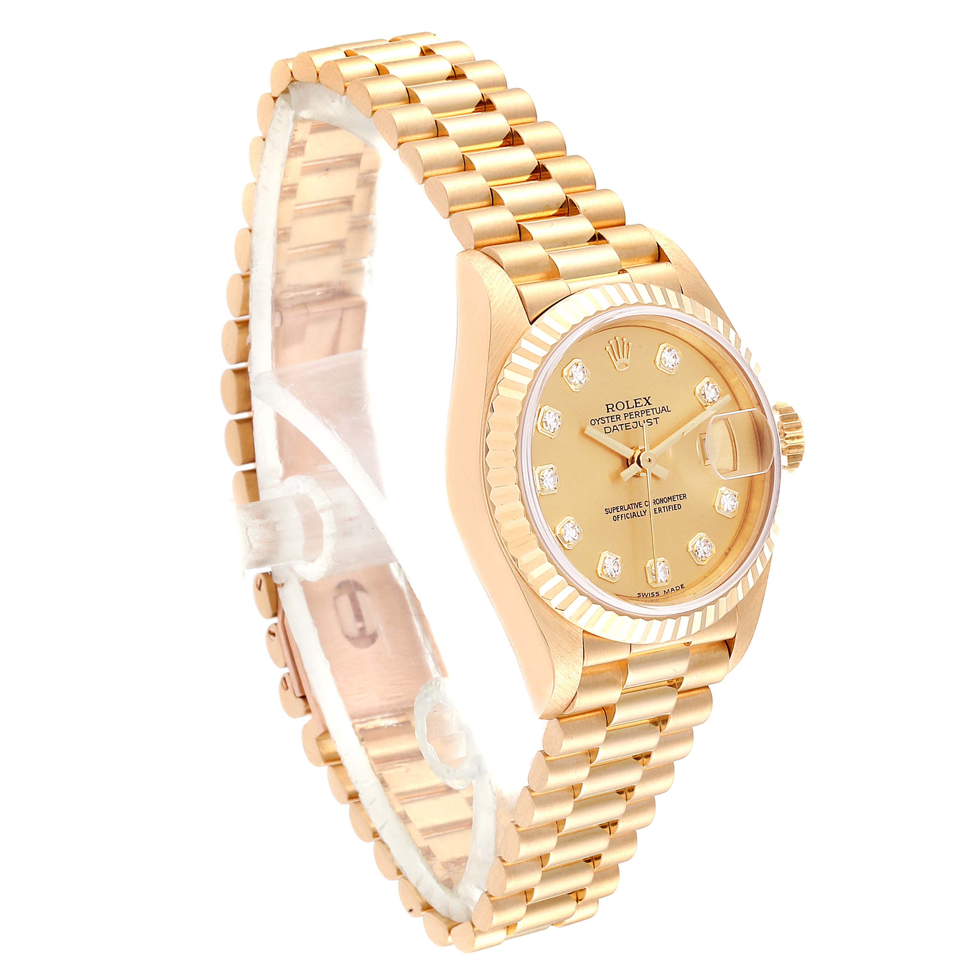The image shows a side perspective of a Rolex President 79178  Women
s Yellow Gold Champagne Dial 79178  Women
s Yellow Gold Champagne Dial model watch, highlighting the watch face, bezel, and gold bracelet.