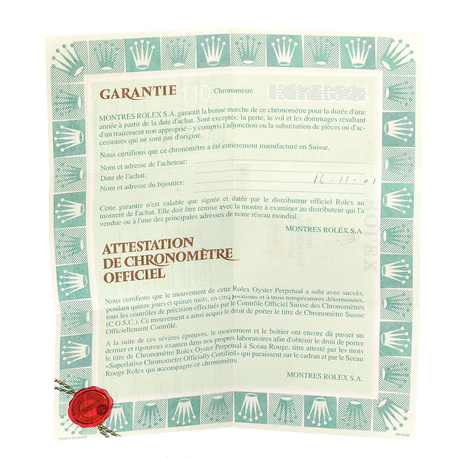 The image shows a warranty certificate for the Rolex President 79178  Women
s Yellow Gold Champagne Dial 79178  Women
s Yellow Gold Champagne Dial model watch.