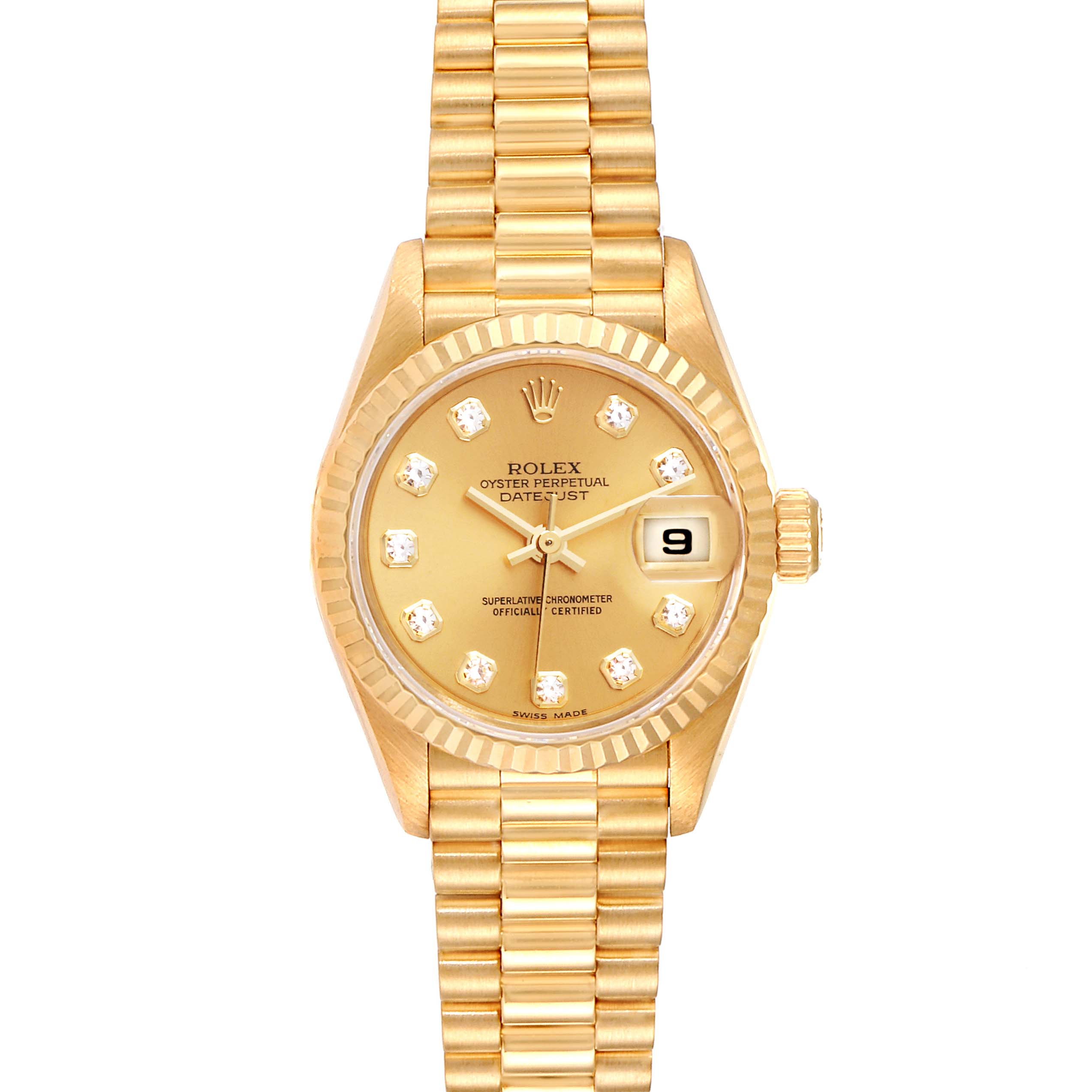 The image shows a front view of the Rolex President 79178  Women
s Yellow Gold Champagne Dial 79178  Women
s Yellow Gold Champagne Dial model, highlighting the dial, bracelet, and date window.