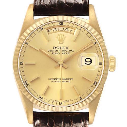 The image shows a front view of a Rolex President 18238 Men's Yellow Gold Champagne Dial model, highlighting the dial, day-date display, crown, and strap.