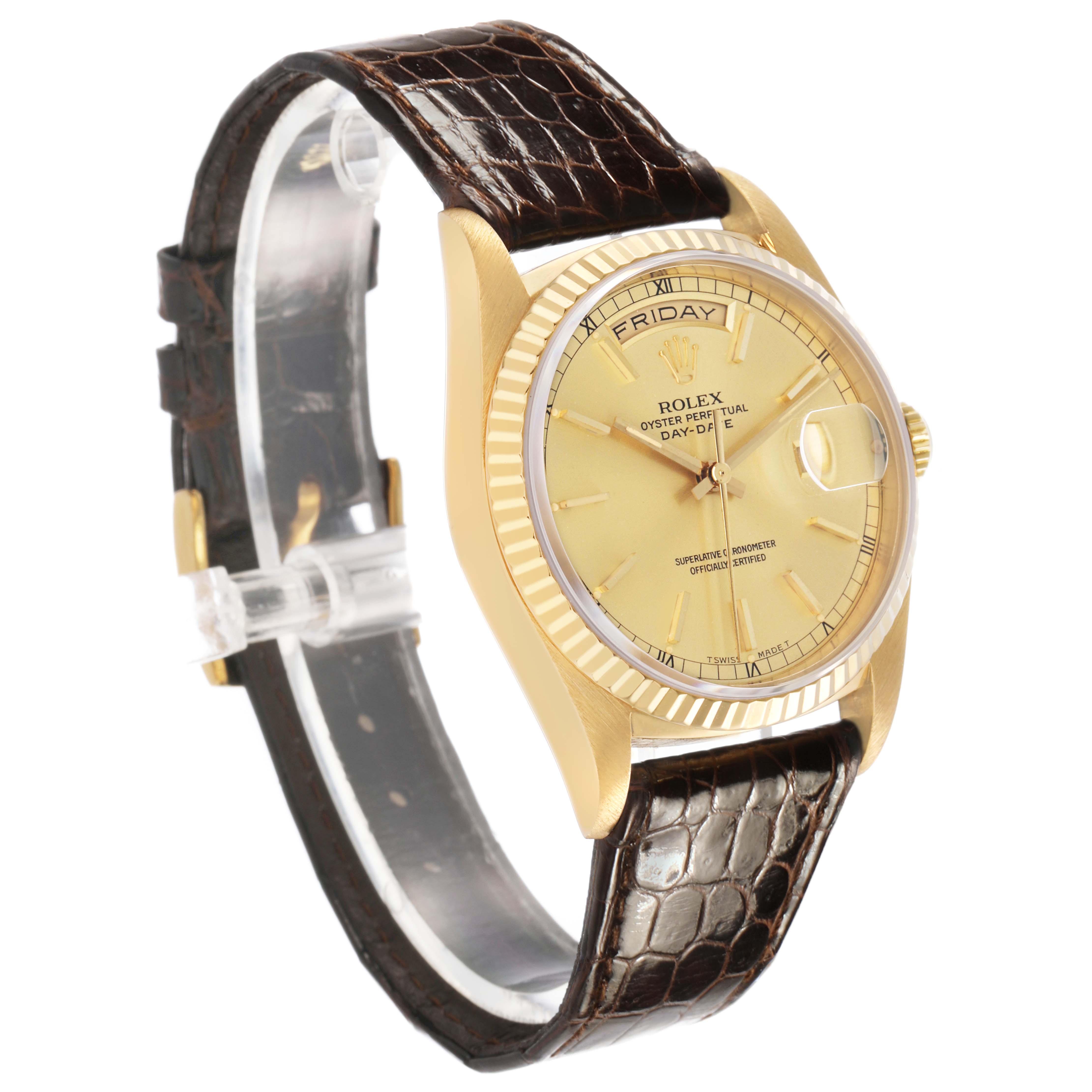 The Rolex President 18238 Mens Yellow Gold Champagne Dial model is shown at a side angle, highlighting the dial, fluted bezel, and leather strap.