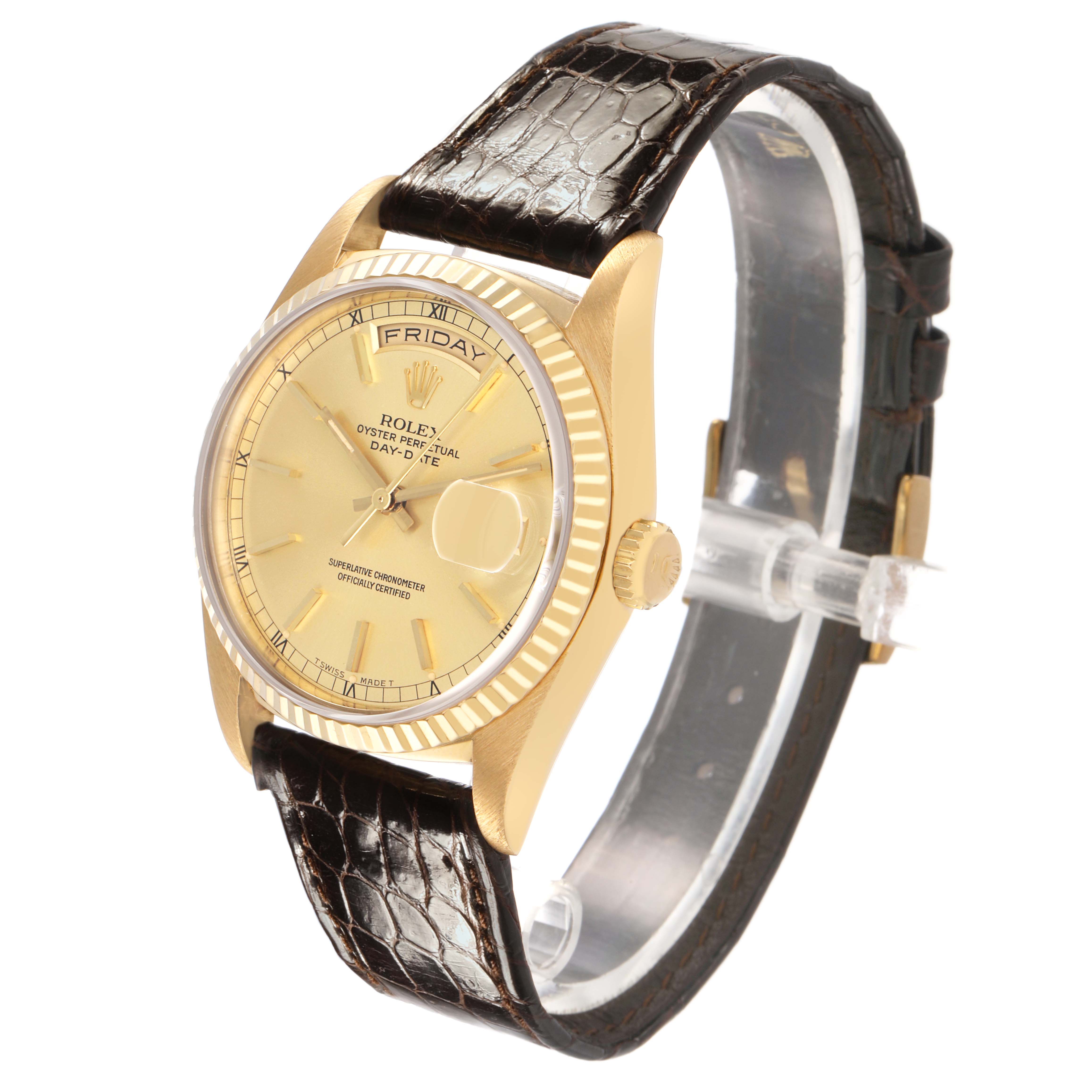 The Rolex President 18238 Mens Yellow Gold Champagne Dial model is shown at a three-quarter angle, highlighting the gold case, dial, and strap.