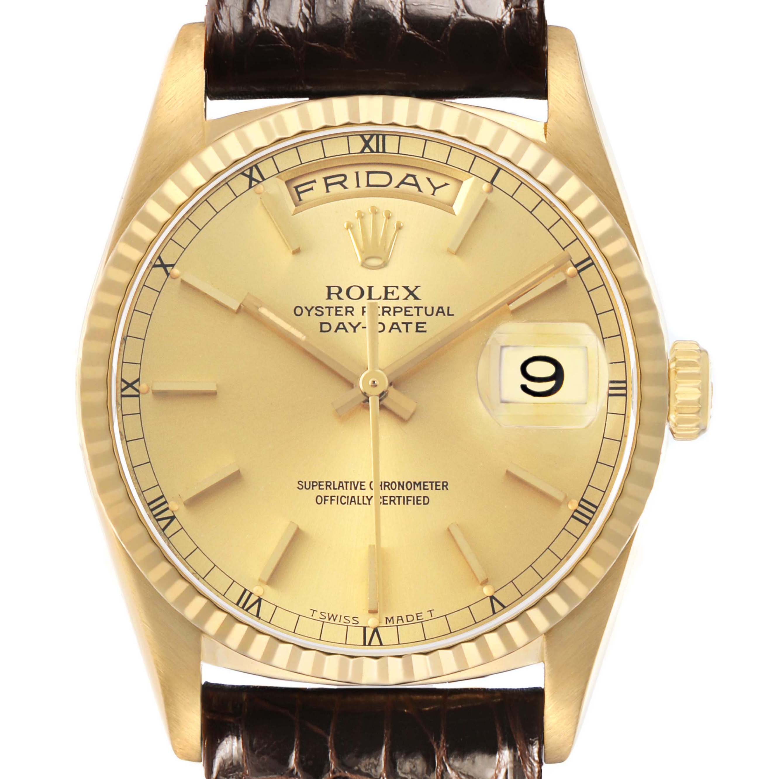 The Rolex President 18238 Men's Yellow Gold Champagne Dial watch is shown from a front angle, displaying the dial, hands, crown, date, and part of the leather strap.