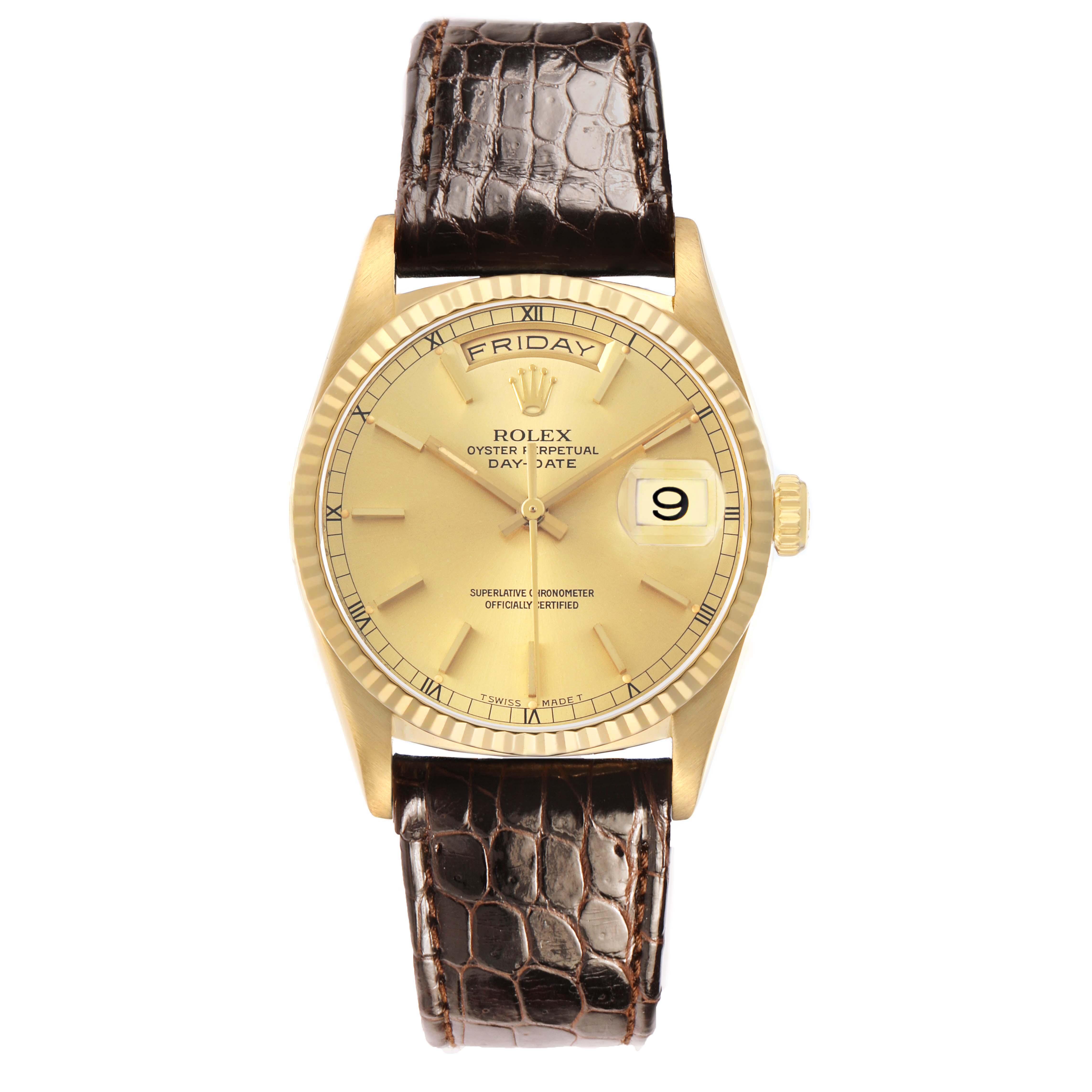 The Rolex President 18238 Men's Yellow Gold Champagne Dial Day-Date watch is shown from the front, highlighting its gold dial, day and date functions, and brown leather strap.