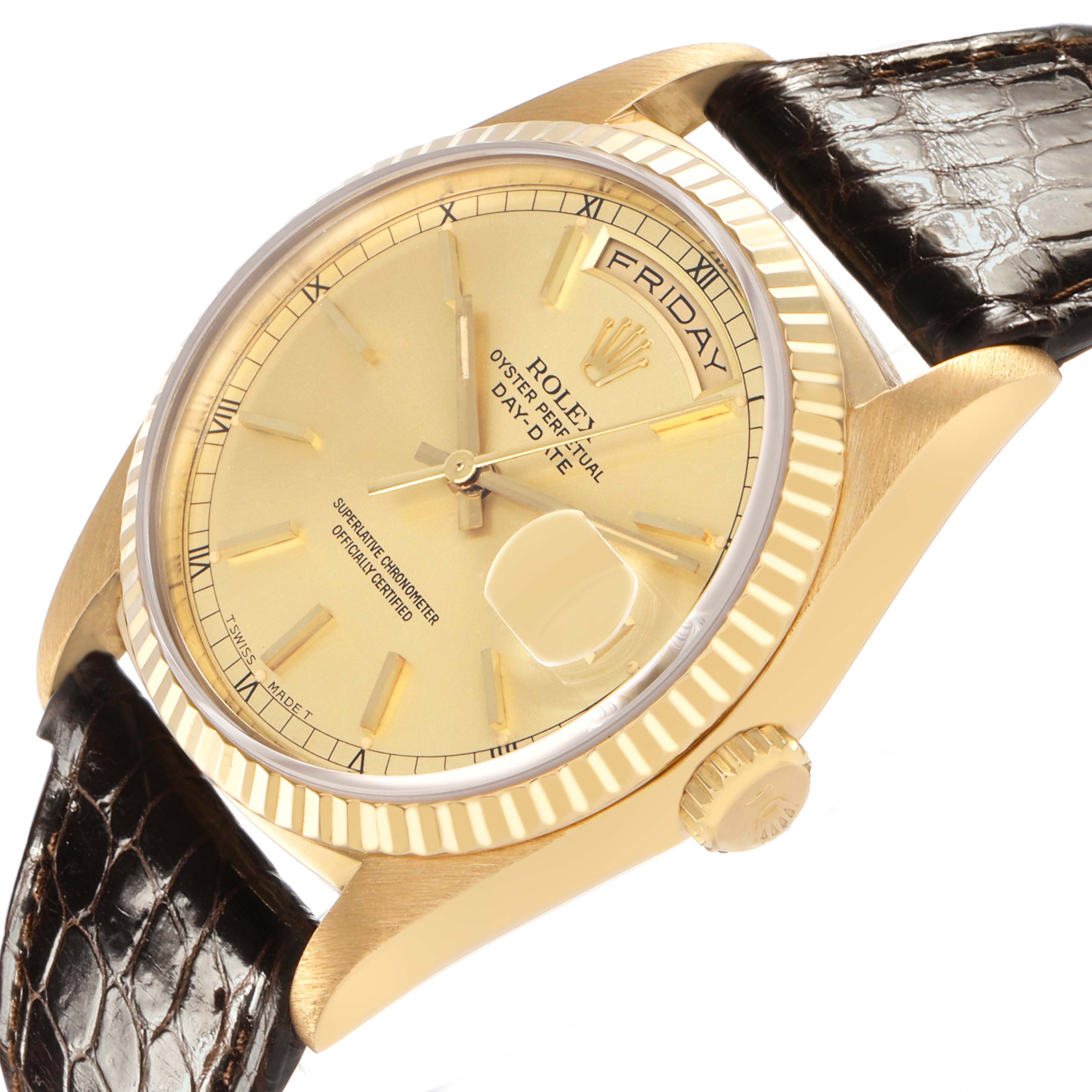 The Rolex President 18238 Mens Yellow Gold Champagne Dial watch is shown at an angled side view, displaying its face, fluted bezel, crown, and leather strap.