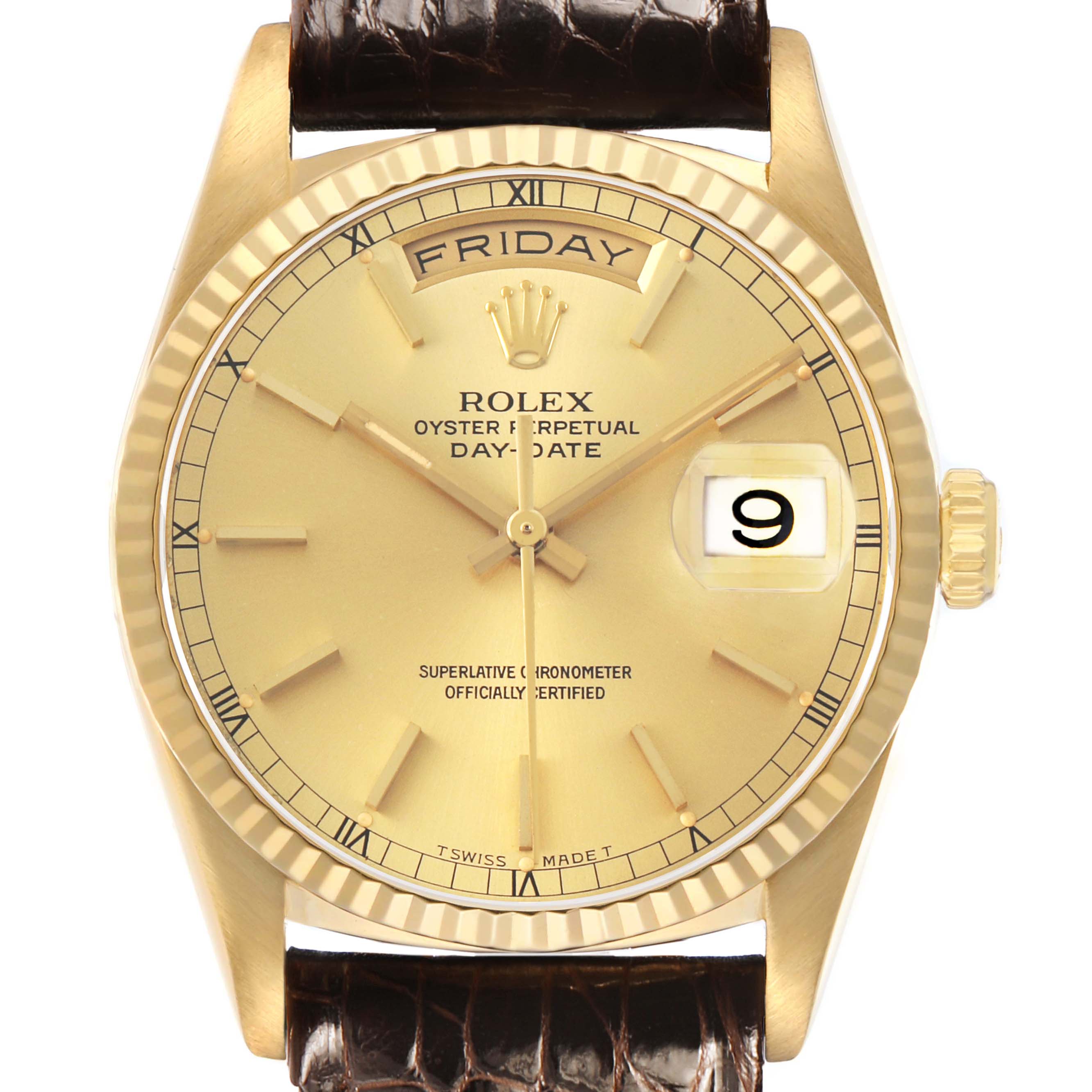 The Rolex President 18238 Mens Yellow Gold Champagne Dial model watch is shown from the front, displaying the dial, day, date, and crown with a leather strap.