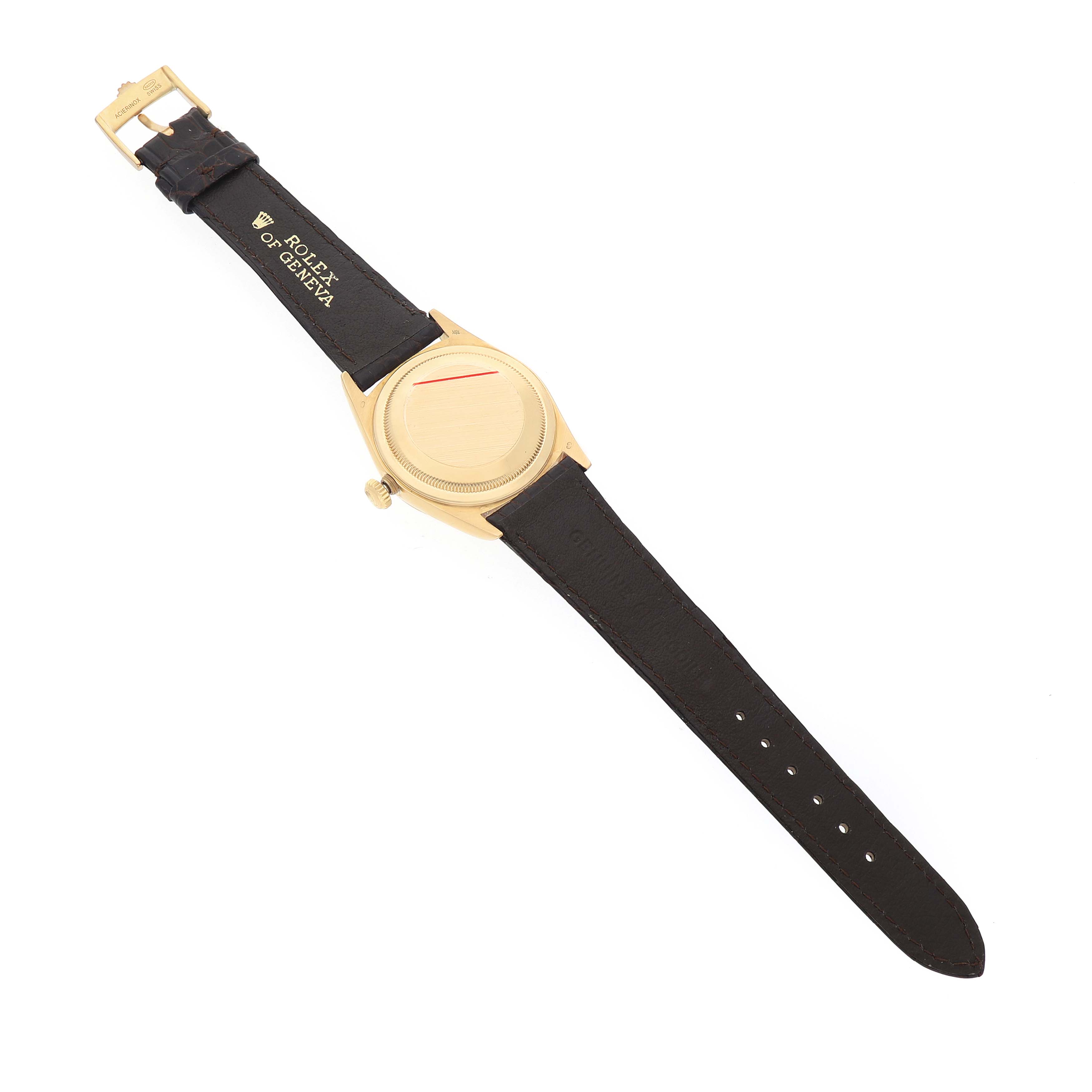 The image shows the back view of a Rolex President 18238 Mens Yellow Gold Champagne Dial watch with its leather strap and buckle visible.