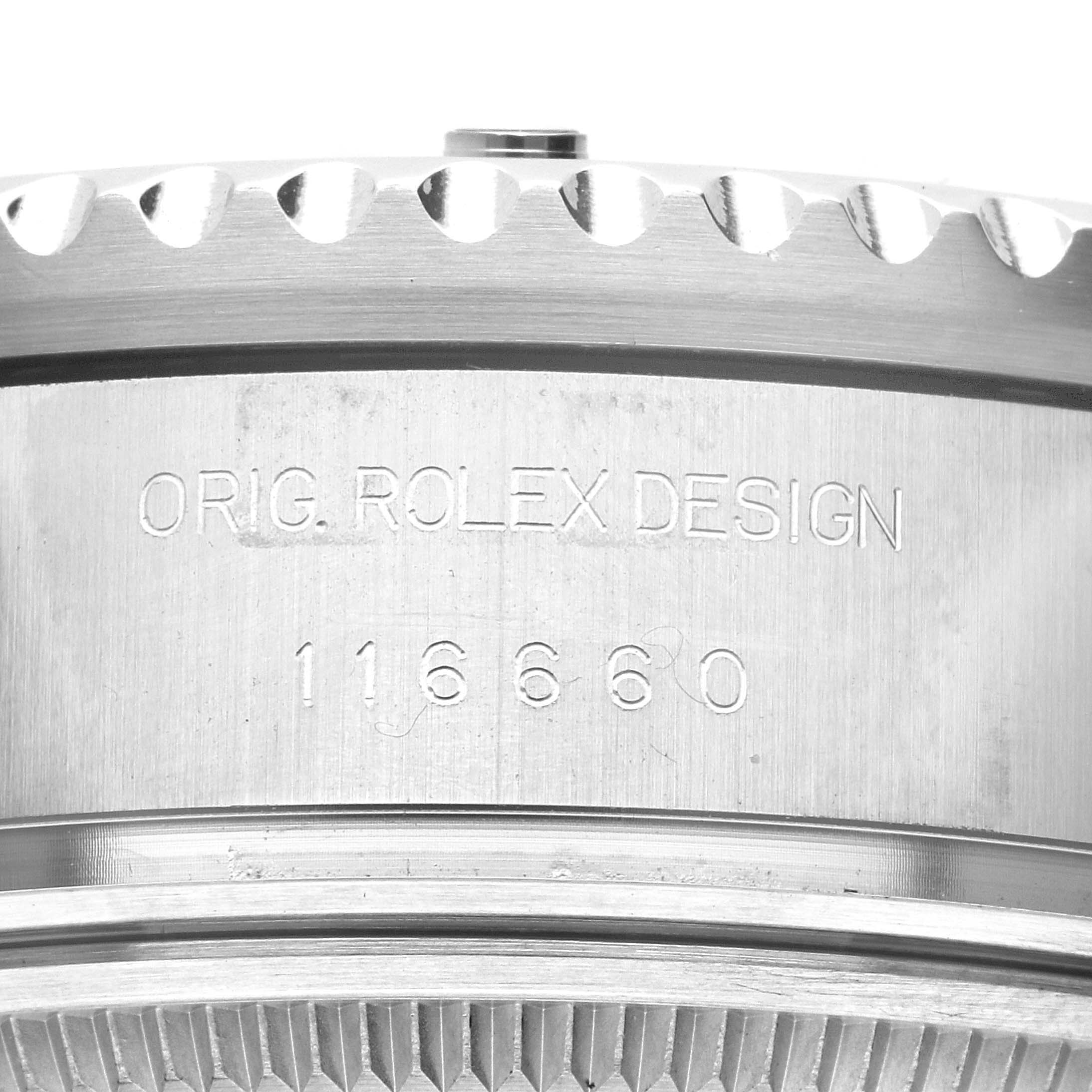 This image shows a close-up view of the side of a Rolex Sea-Dweller 116660 Men's Stainless Steel Blue Dial 116660 Men's Stainless Steel Blue Dial, featuring the model number "116660" engraved.