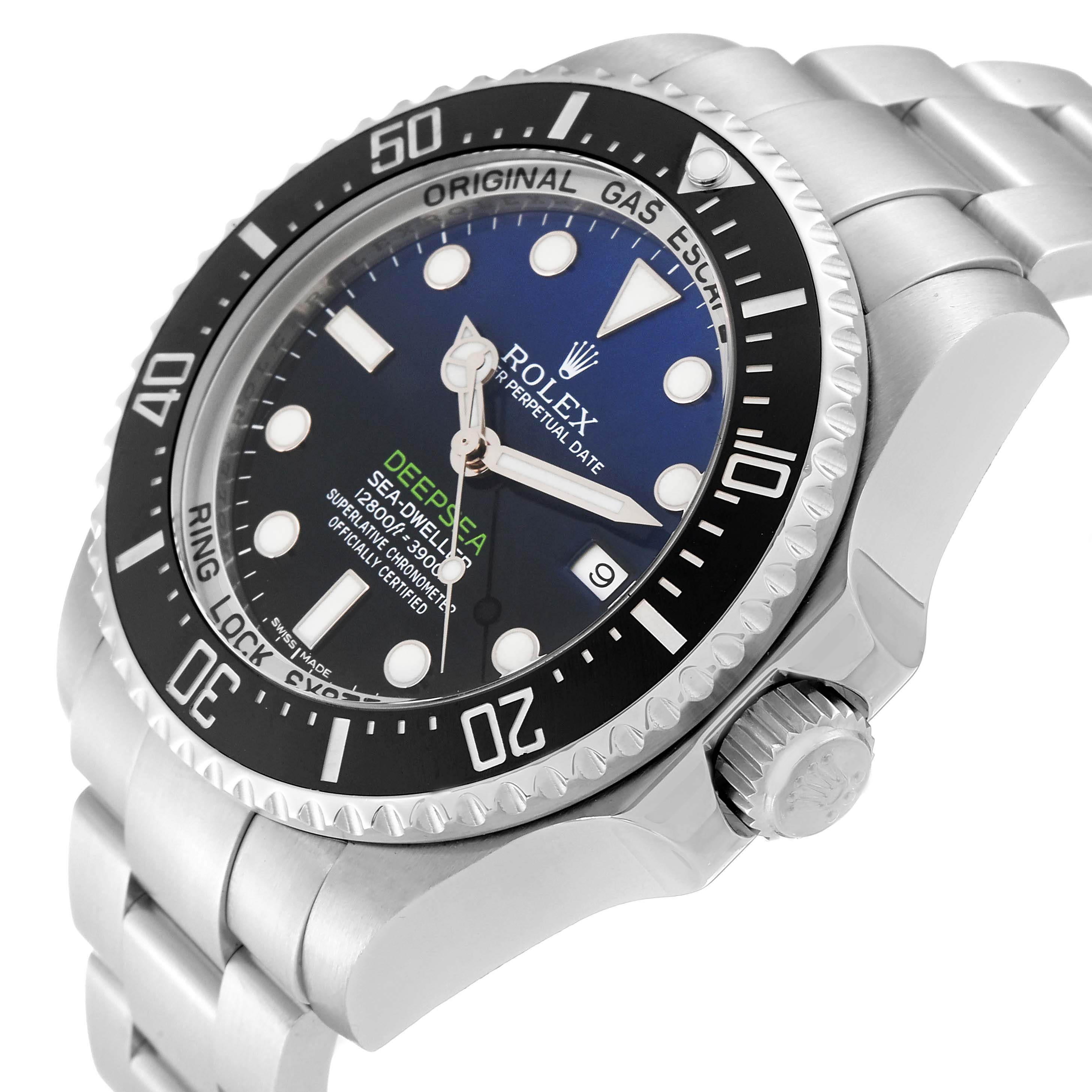The Rolex Sea-Dweller 116660 Men's Stainless Steel Blue Dial 116660 Men's Stainless Steel Blue Dial watch is shown from a slightly angled side view, displaying the dial, bezel, crown, and part of the bracelet.