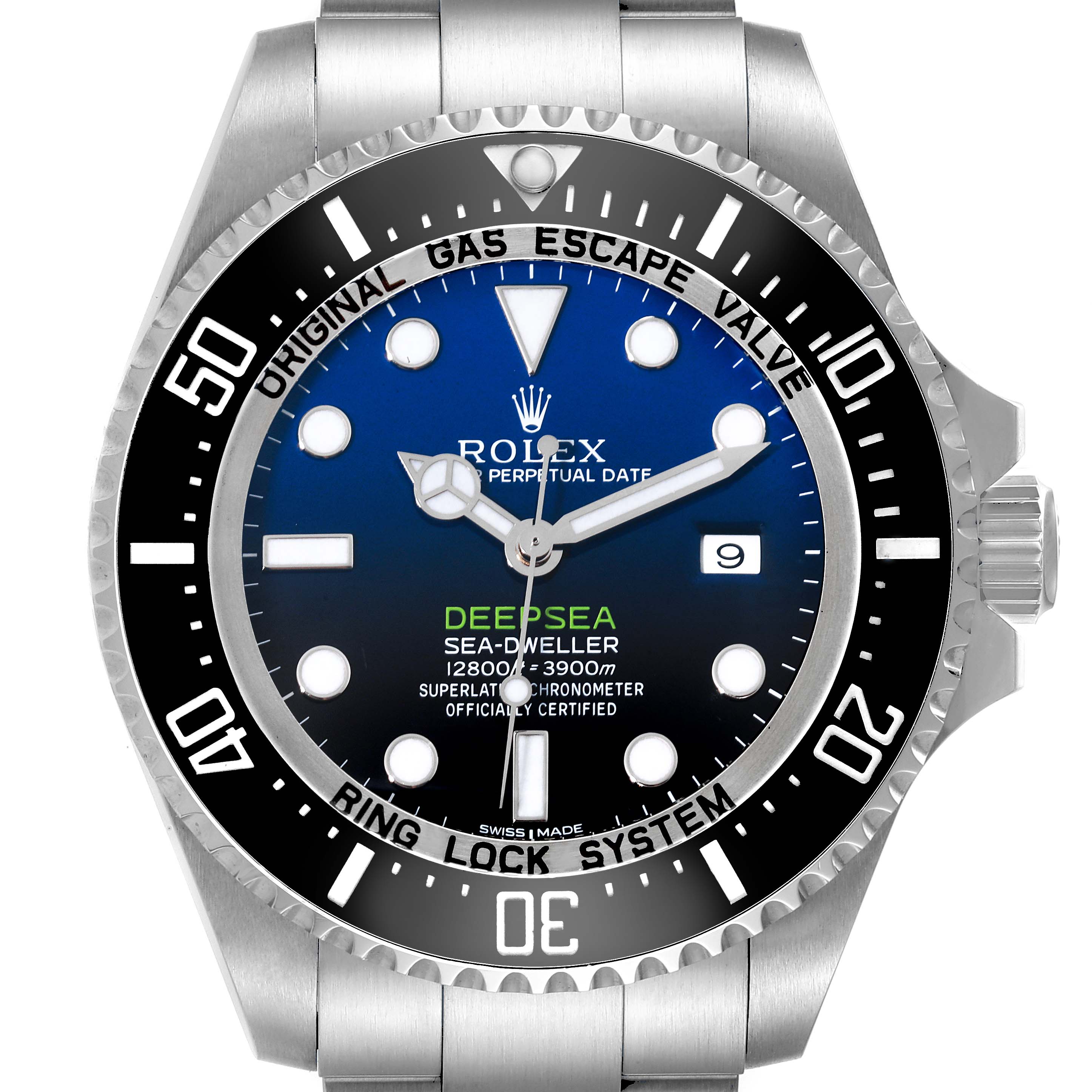 The image shows a front-facing view of the Rolex Sea-Dweller 116660 Men's Stainless Steel Blue Dial 116660 Men's Stainless Steel Blue Dial Deepsea watch, highlighting the dial, bezel, and part of the bracelet.