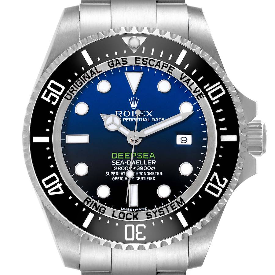 The image shows a front-facing view of the Rolex Sea-Dweller Deepsea watch, highlighting the dial, bezel, and part of the bracelet.