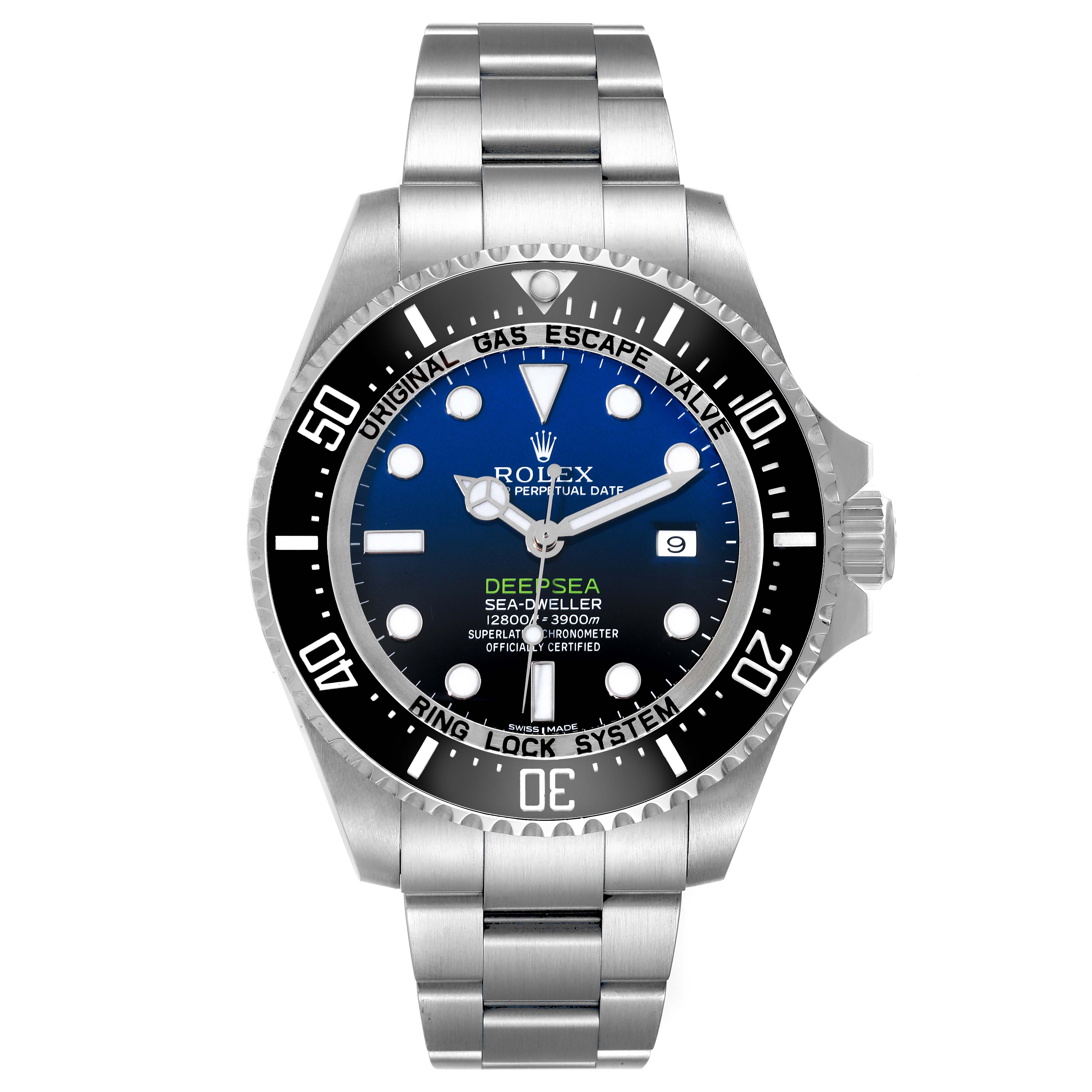 The image shows a front view of a Rolex Sea-Dweller 116660 Men's Stainless Steel Blue Dial 116660 Men's Stainless Steel Blue Dial Deepsea watch, highlighting its dial, bezel, and bracelet.