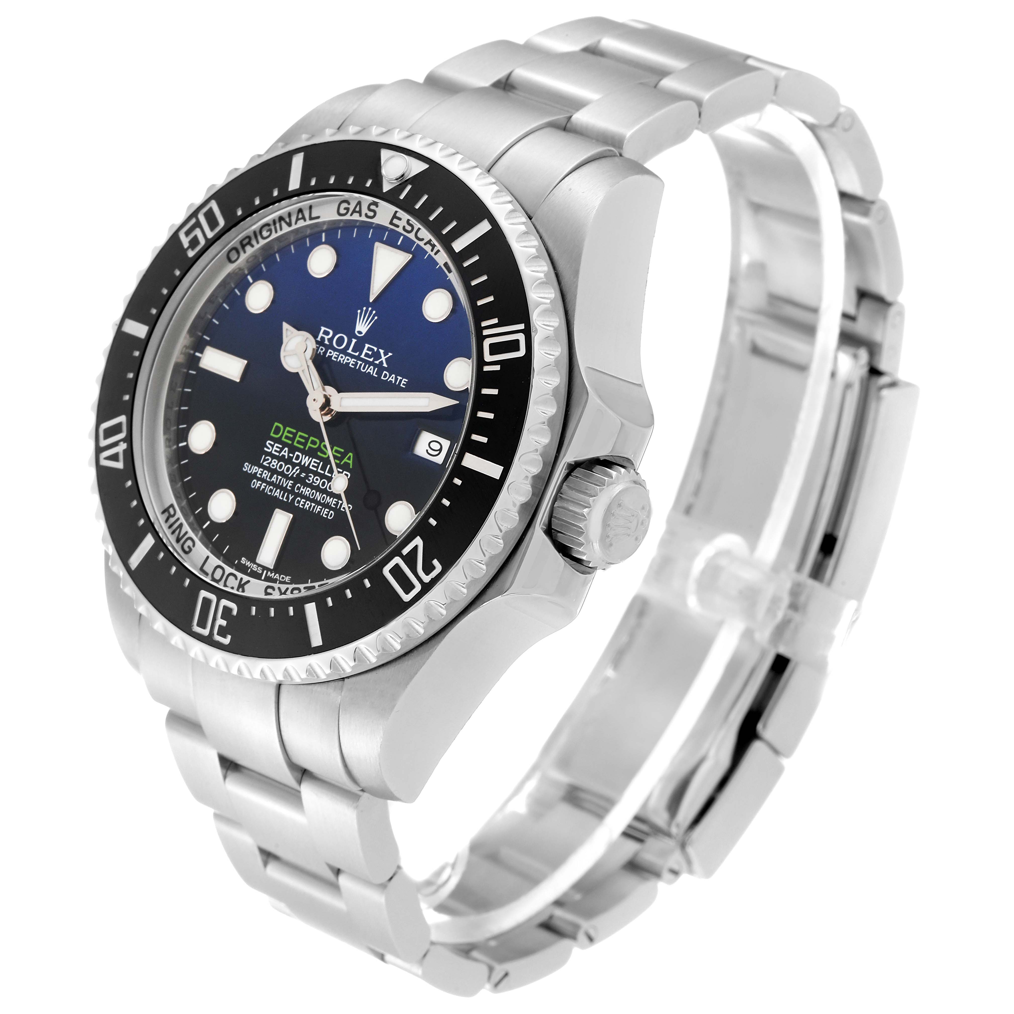 The Rolex Sea-Dweller 116660 Men's Stainless Steel Blue Dial 116660 Men's Stainless Steel Blue Dial watch is shown from an angled side view, highlighting the dial, bezel, and bracelet.
