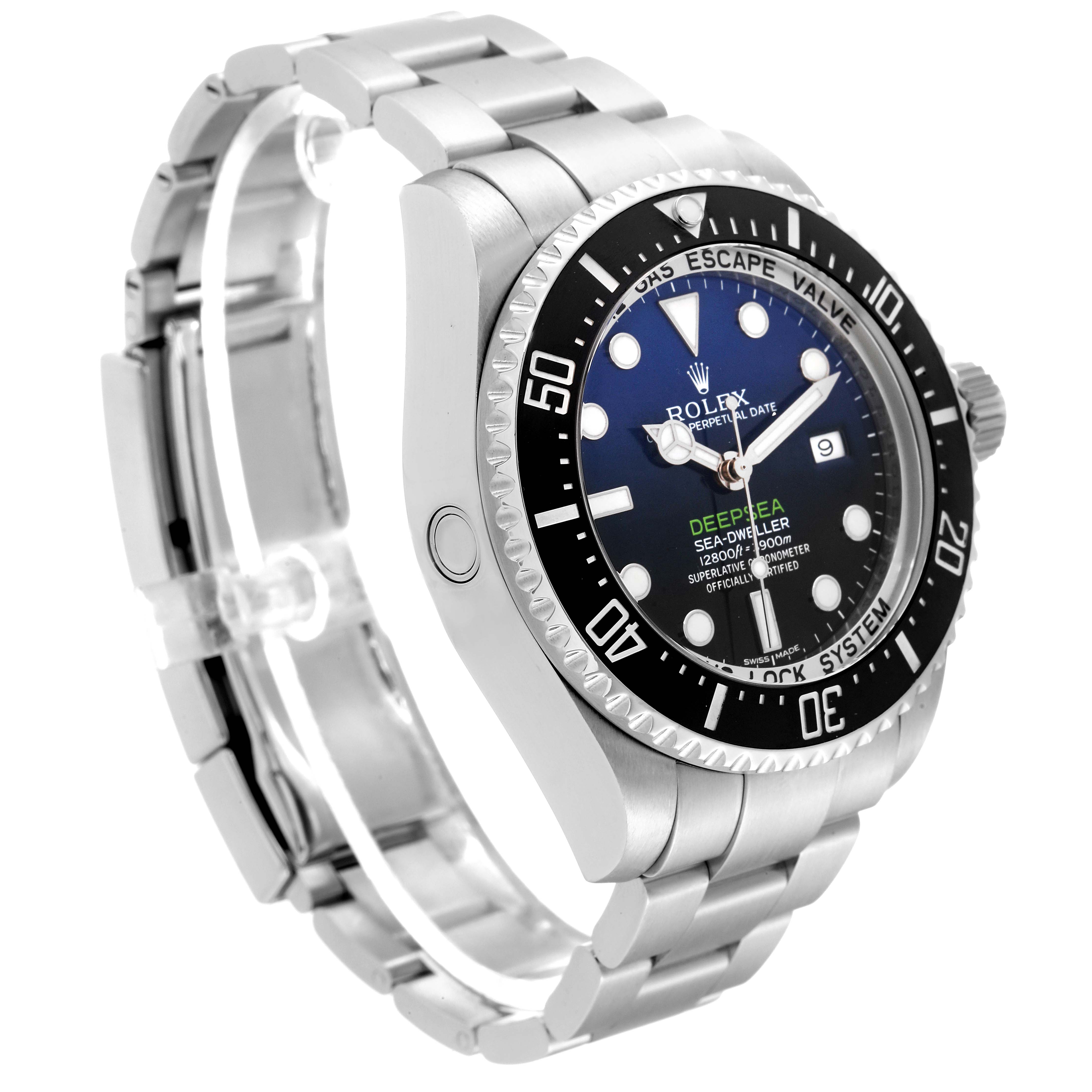 The image shows a side angle of the Rolex Sea-Dweller 116660 Men's Stainless Steel Blue Dial 116660 Men's Stainless Steel Blue Dial watch, highlighting its dial, bezel, and stainless steel bracelet.