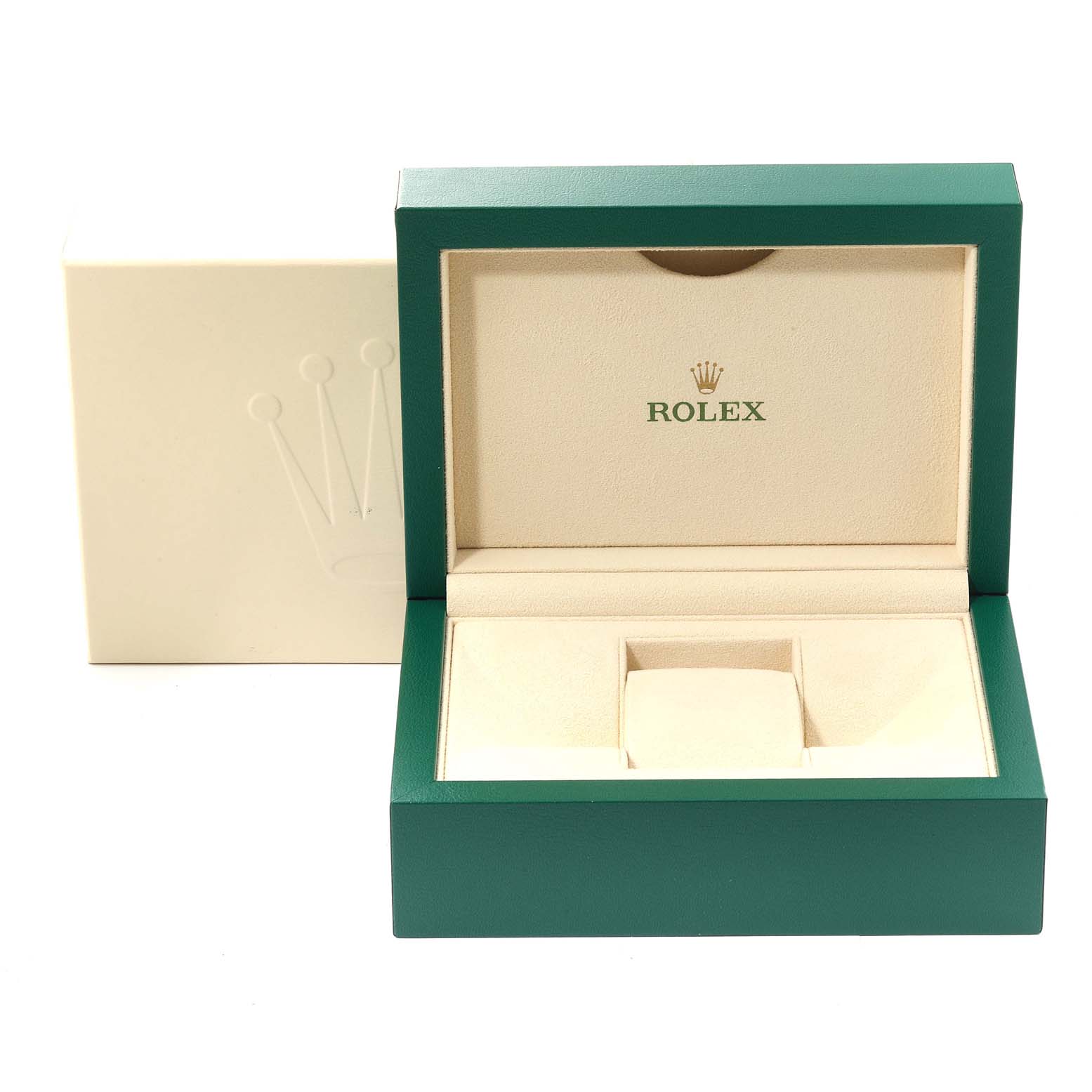 The image shows an open Rolex Sea-Dweller 116660 Men's Stainless Steel Blue Dial 116660 Men's Stainless Steel Blue Dial watch box with its lid raised, revealing the interior cushion for the watch.