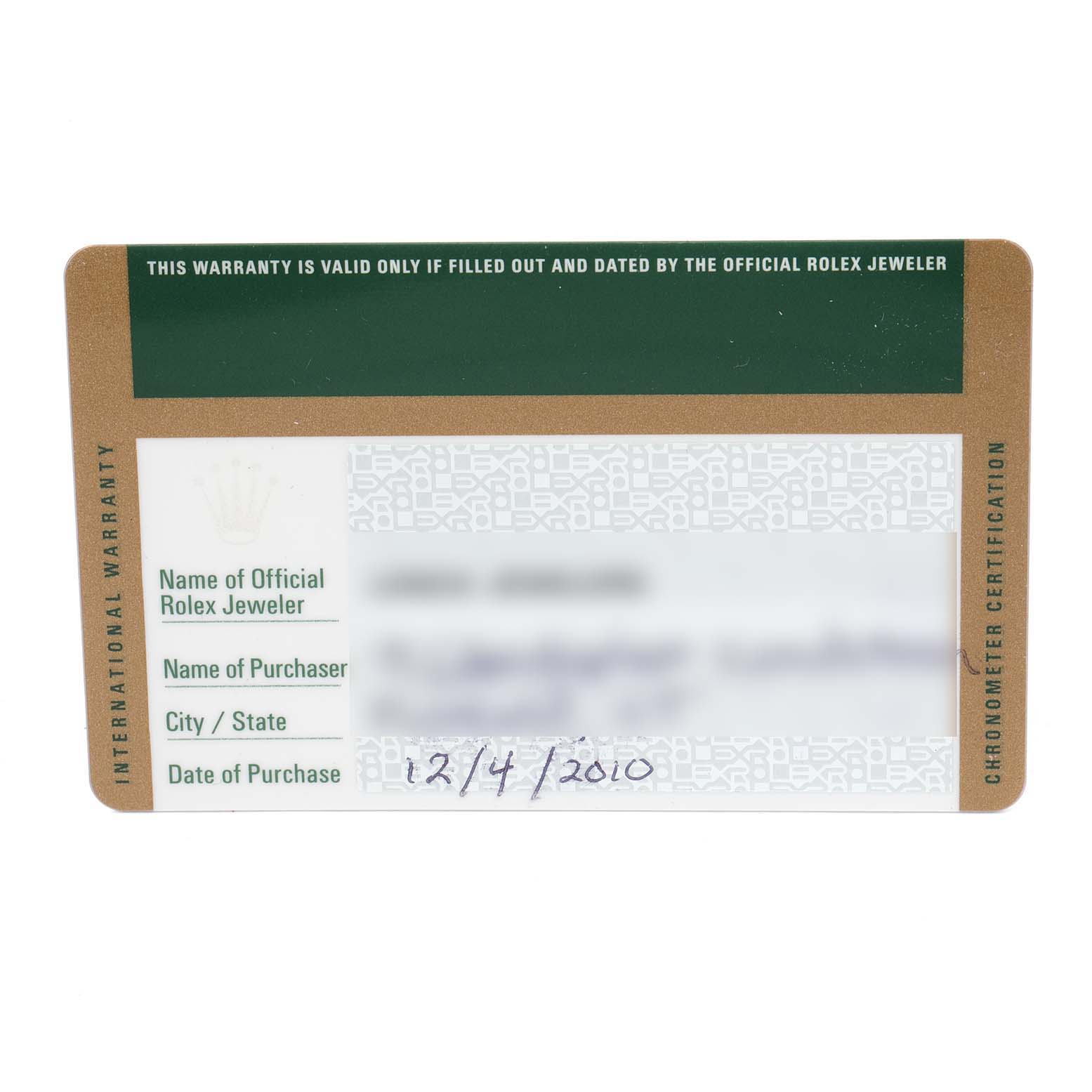 The image shows the warranty card for a Rolex Submariner 116610 Men's Stainless Steel Black Dial 116610 Men's Stainless Steel Black Dial watch, documenting the official jeweler, purchaser details, and purchase date.