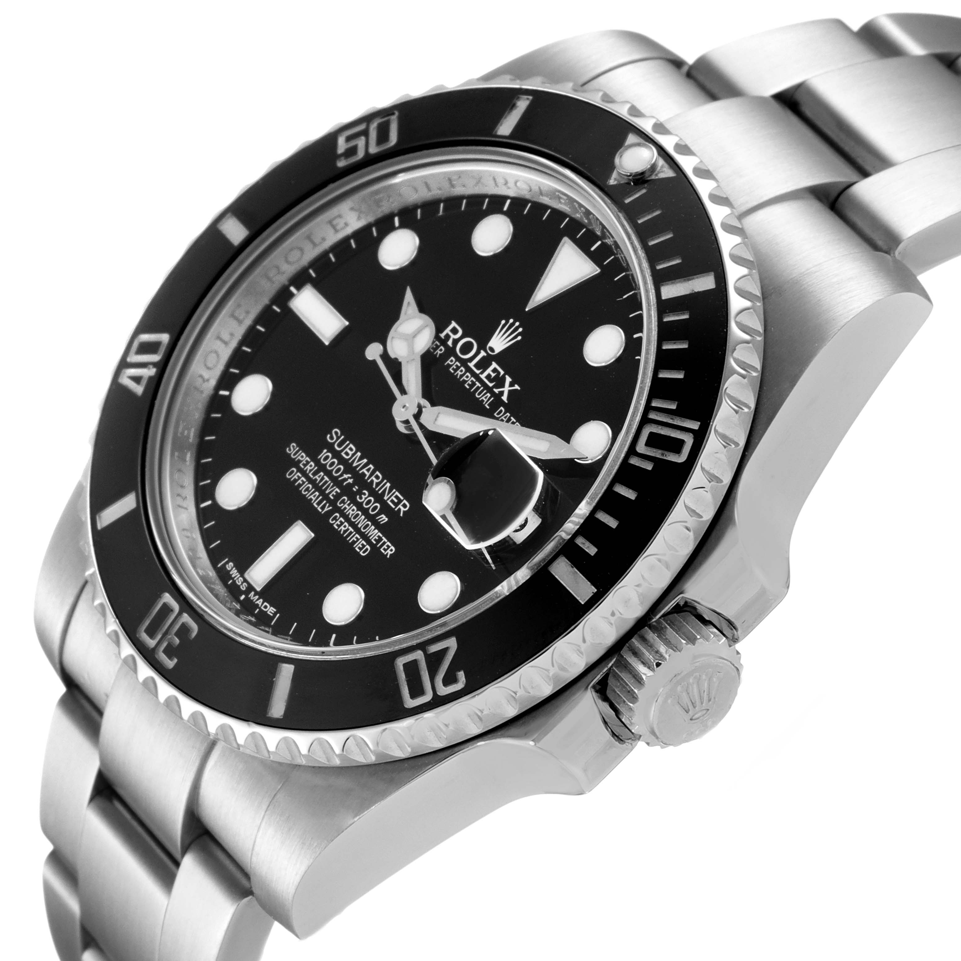 The image shows a close-up side angle of a Rolex Submariner 116610 Men's Stainless Steel Black Dial 116610 Men's Stainless Steel Black Dial, focusing on the dial, bezel, and part of the bracelet.