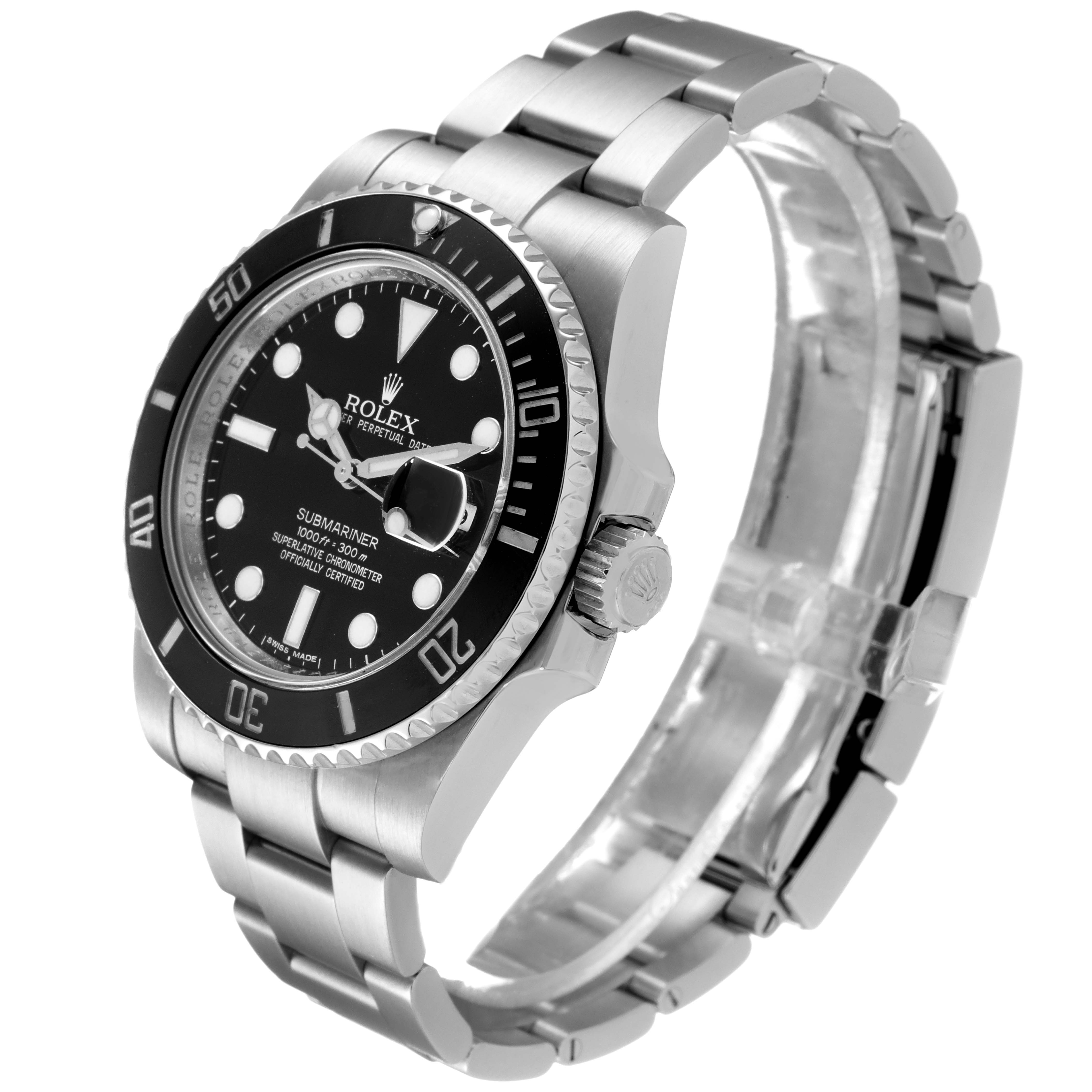 The image shows a Rolex Submariner 116610 Men's Stainless Steel Black Dial 116610 Men's Stainless Steel Black Dial watch angled to display the face, bezel, bracelet, and crown.