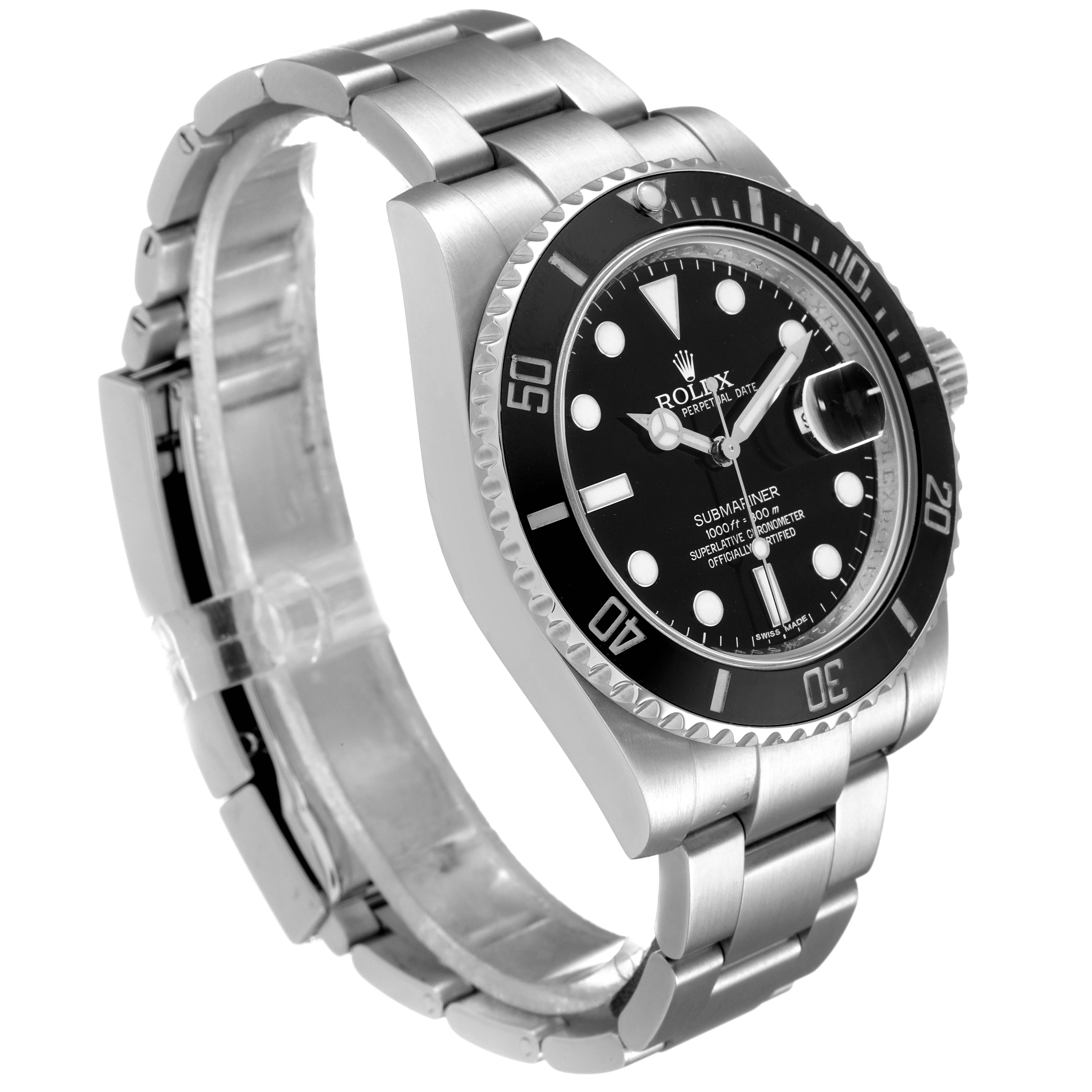 This image shows a Rolex Submariner 116610 Men's Stainless Steel Black Dial 116610 Men's Stainless Steel Black Dial watch from a 3/4 angled view, highlighting its face, bezel, and bracelet.