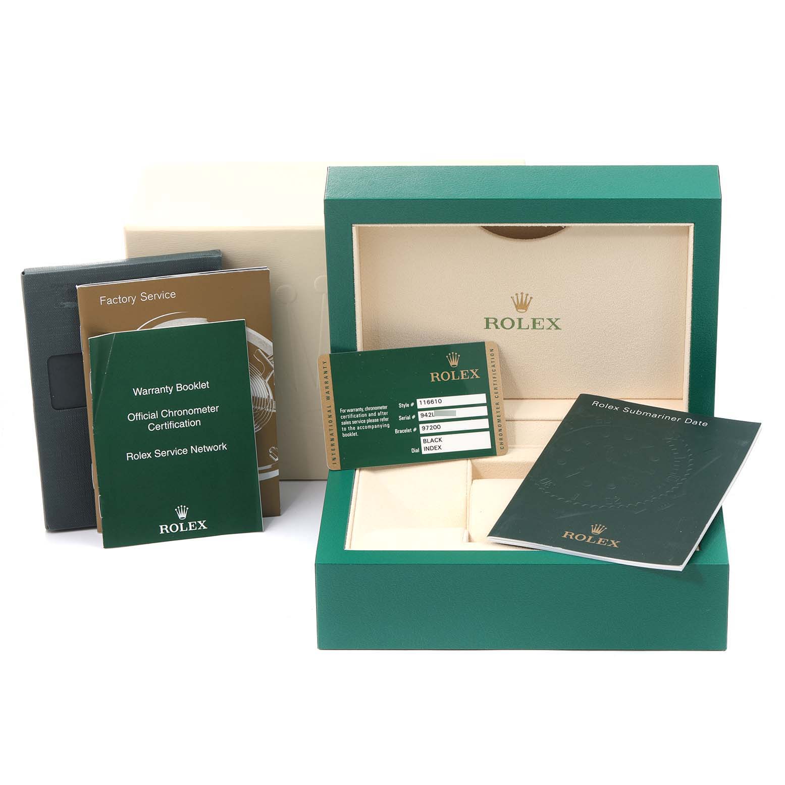 The image shows the packaging and accessories of a Rolex Submariner 116610 Men's Stainless Steel Black Dial 116610 Men's Stainless Steel Black Dial, including the box, warranty booklet, certification, and manuals.