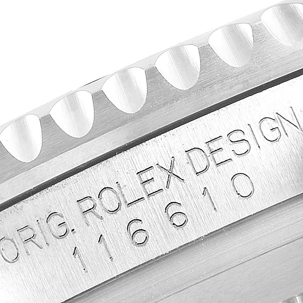 This image shows an extreme close-up of the case side and lug of a Rolex Submariner 116610 Men's Stainless Steel Black Dial 116610 Men's Stainless Steel Black Dial, revealing the model number and part of the bezel.