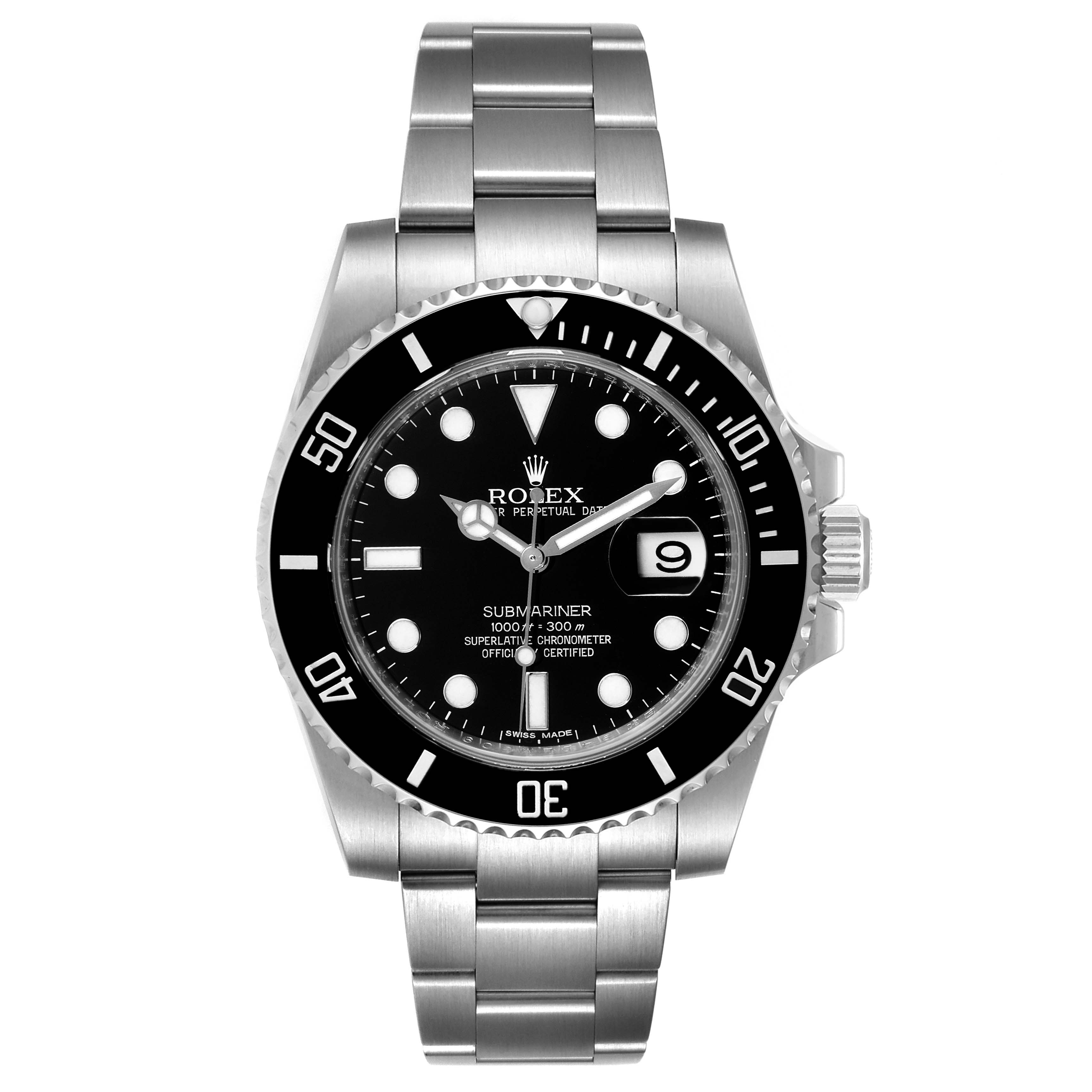 The Rolex Submariner 116610 Men's Stainless Steel Black Dial 116610 Men's Stainless Steel Black Dial is shown from a straight-on angle, displaying the face, bezel, and bracelet.