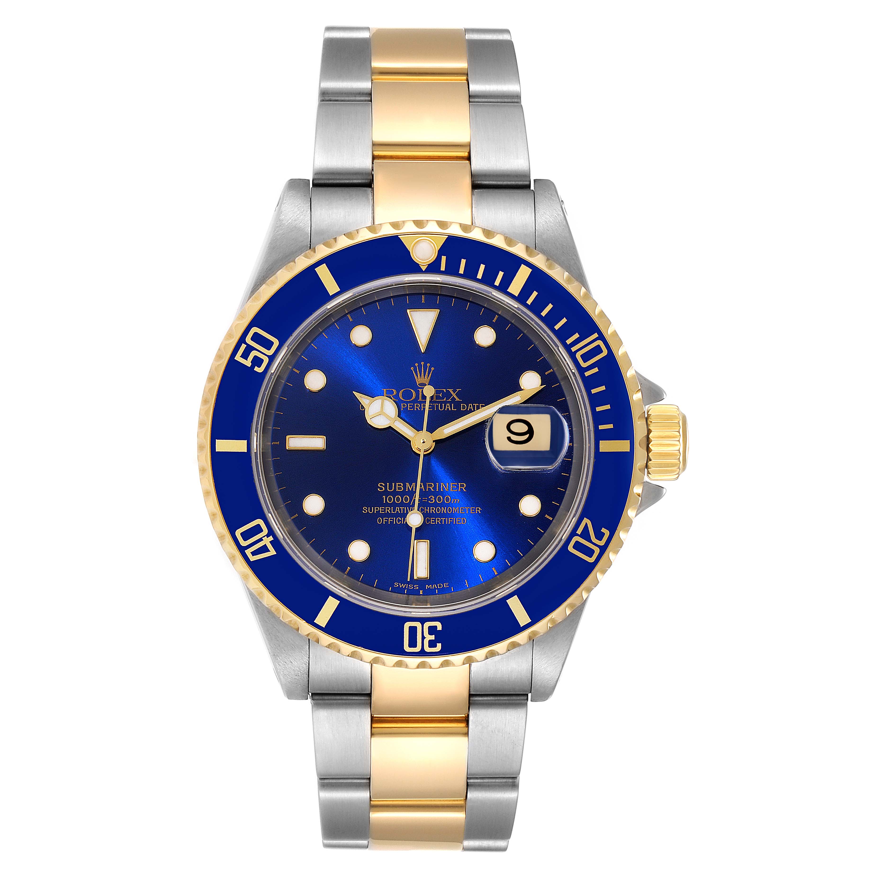 This is a front angle view of a Rolex Submariner 16613 Men
s Steel and Gold (two tone) Blue Dial 16613 Men
s Steel and Gold (two tone) Blue Dial model, showcasing the blue dial, date window, and two-tone stainless steel and gold bracelet.