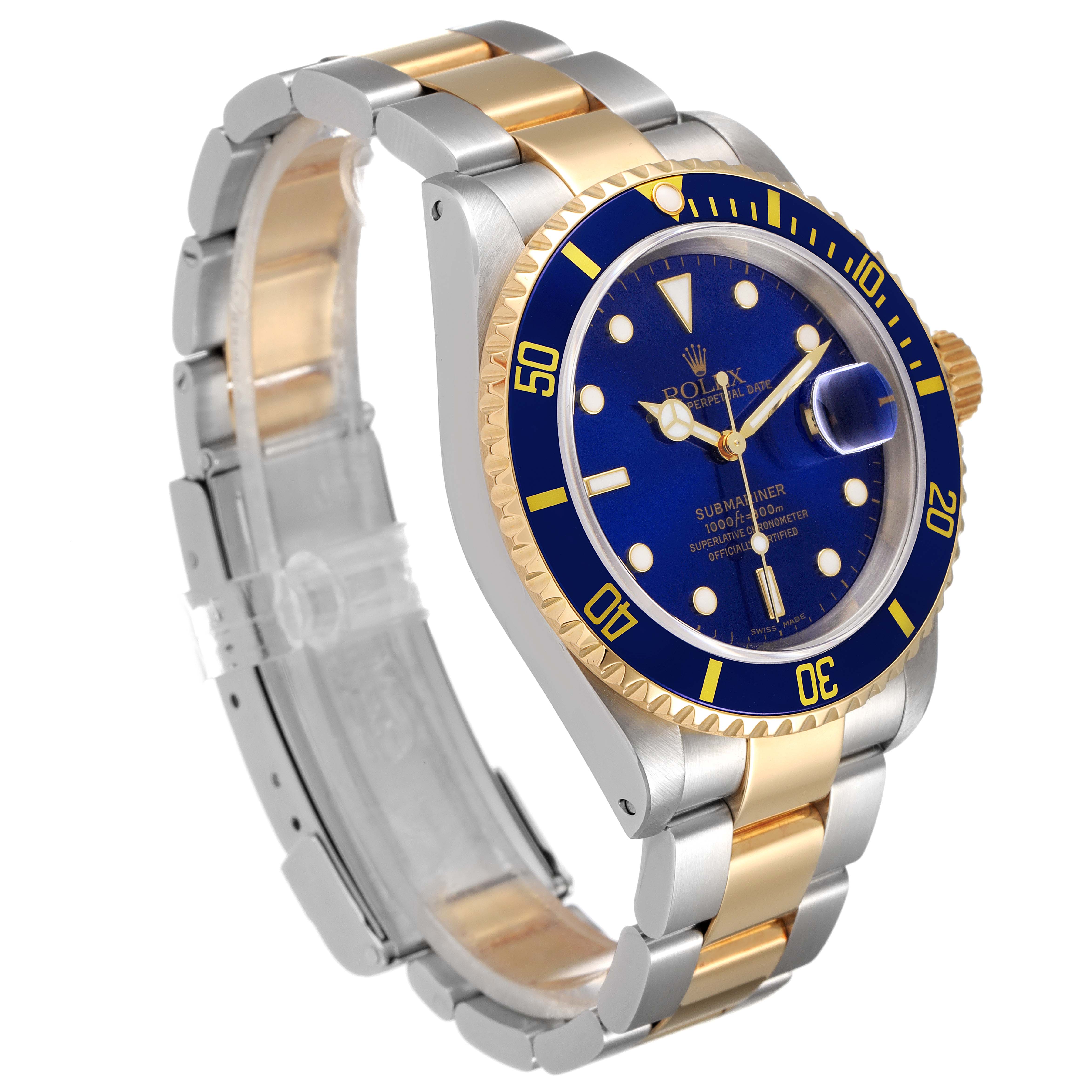 This image shows a Rolex Submariner 16613 Men
s Steel and Gold (two tone) Blue Dial 16613 Men
s Steel and Gold (two tone) Blue Dial watch at a three-quarter angle, highlighting its blue dial, gold bezel, and two-tone bracelet.