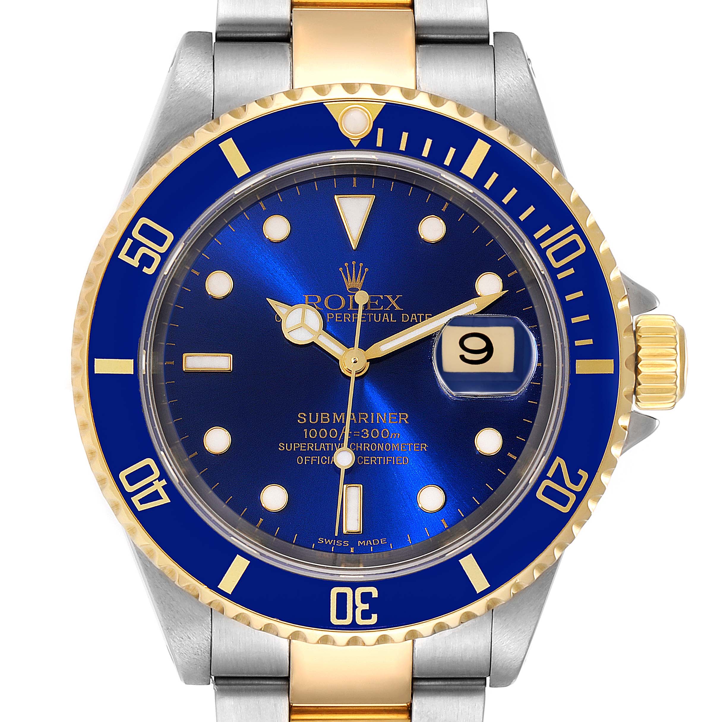 This image shows a front view of a Rolex Submariner 16613 Men
s Steel and Gold (two tone) Blue Dial 16613 Men
s Steel and Gold (two tone) Blue Dial watch, featuring a blue dial and bezel with a date window at the 3 o
clock position.