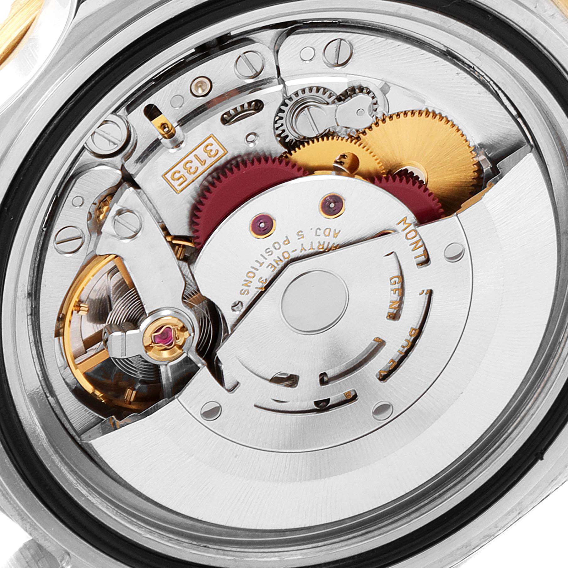 The image shows the intricate internal movement mechanism of a Rolex Submariner 16613 Men
s Steel and Gold (two tone) Blue Dial 16613 Men
s Steel and Gold (two tone) Blue Dial watch, featuring gears and rotors.