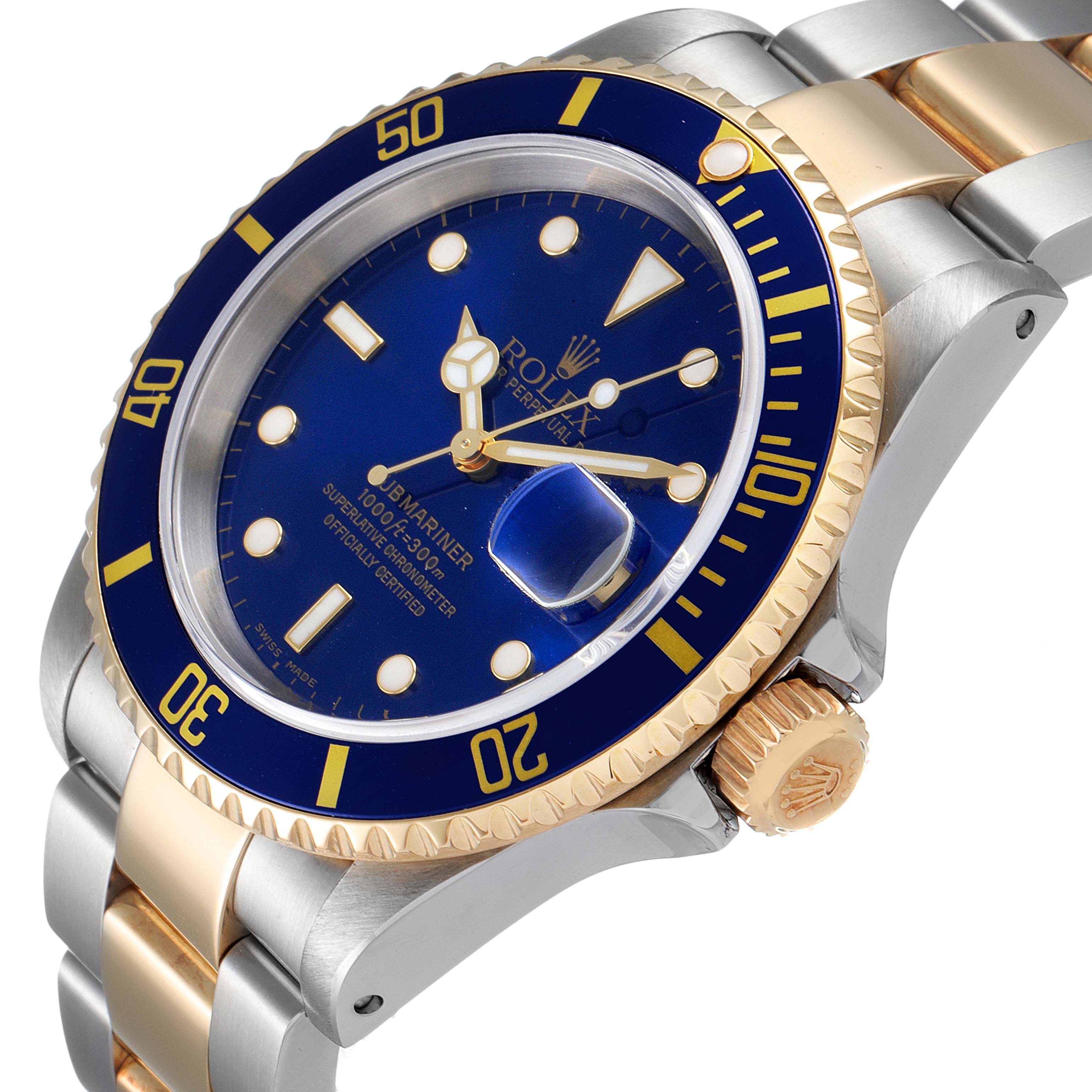 This image shows a close-up angle of a Rolex Submariner 16613 Men
s Steel and Gold (two tone) Blue Dial 16613 Men
s Steel and Gold (two tone) Blue Dial watch, highlighting its blue dial, bezel, and part of the bracelet.