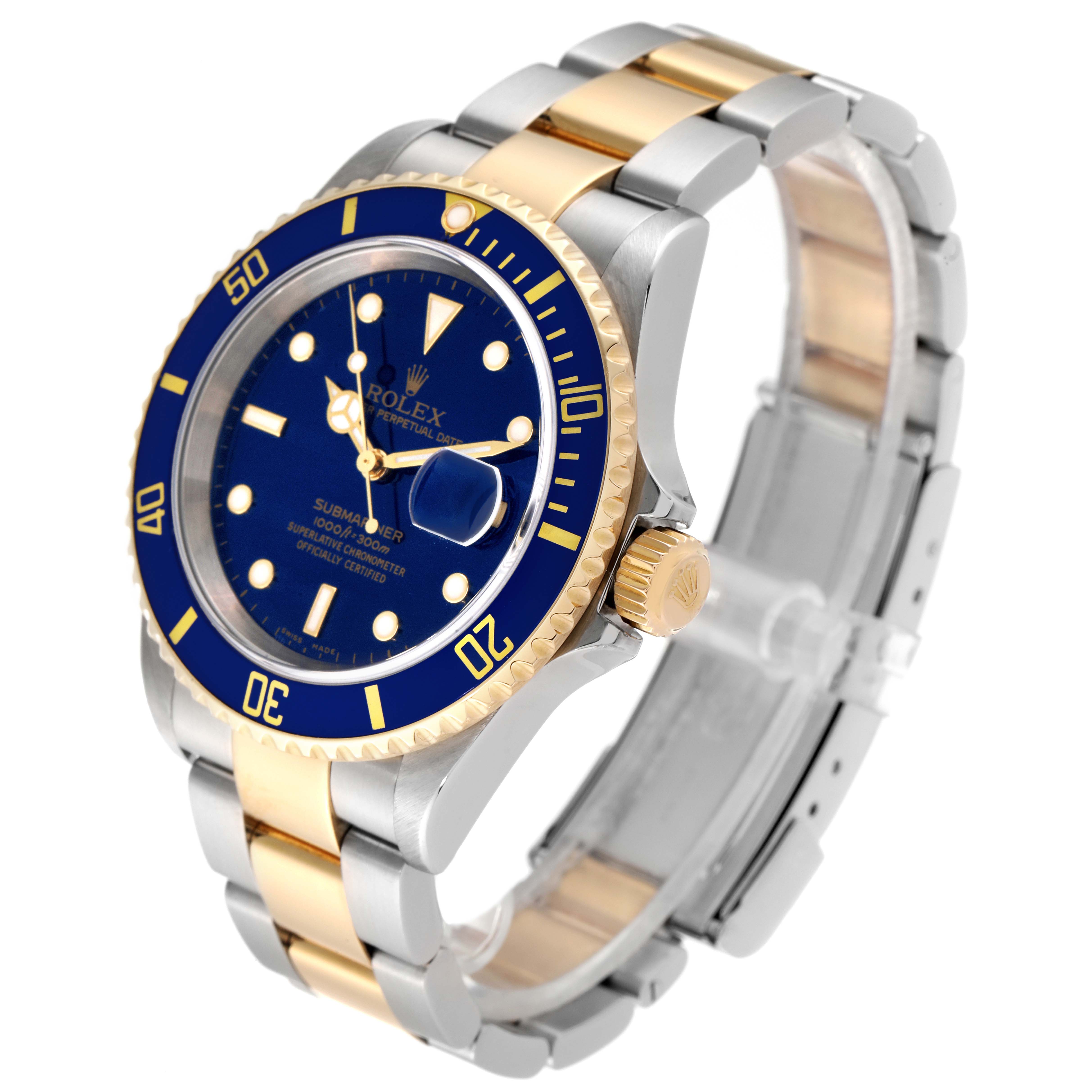 The image shows a Rolex Submariner 16613 Men
s Steel and Gold (two tone) Blue Dial 16613 Men
s Steel and Gold (two tone) Blue Dial watch at an angled view, displaying the dial, bezel, crown, and bracelet.