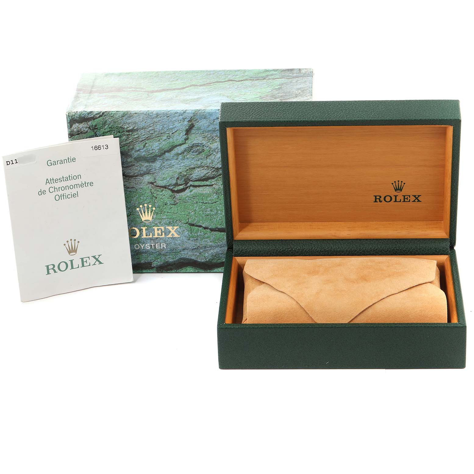 The image shows the box, a document, and the watch pillow for the Rolex Submariner 16613 Men
s Steel and Gold (two tone) Blue Dial 16613 Men
s Steel and Gold (two tone) Blue Dial model.