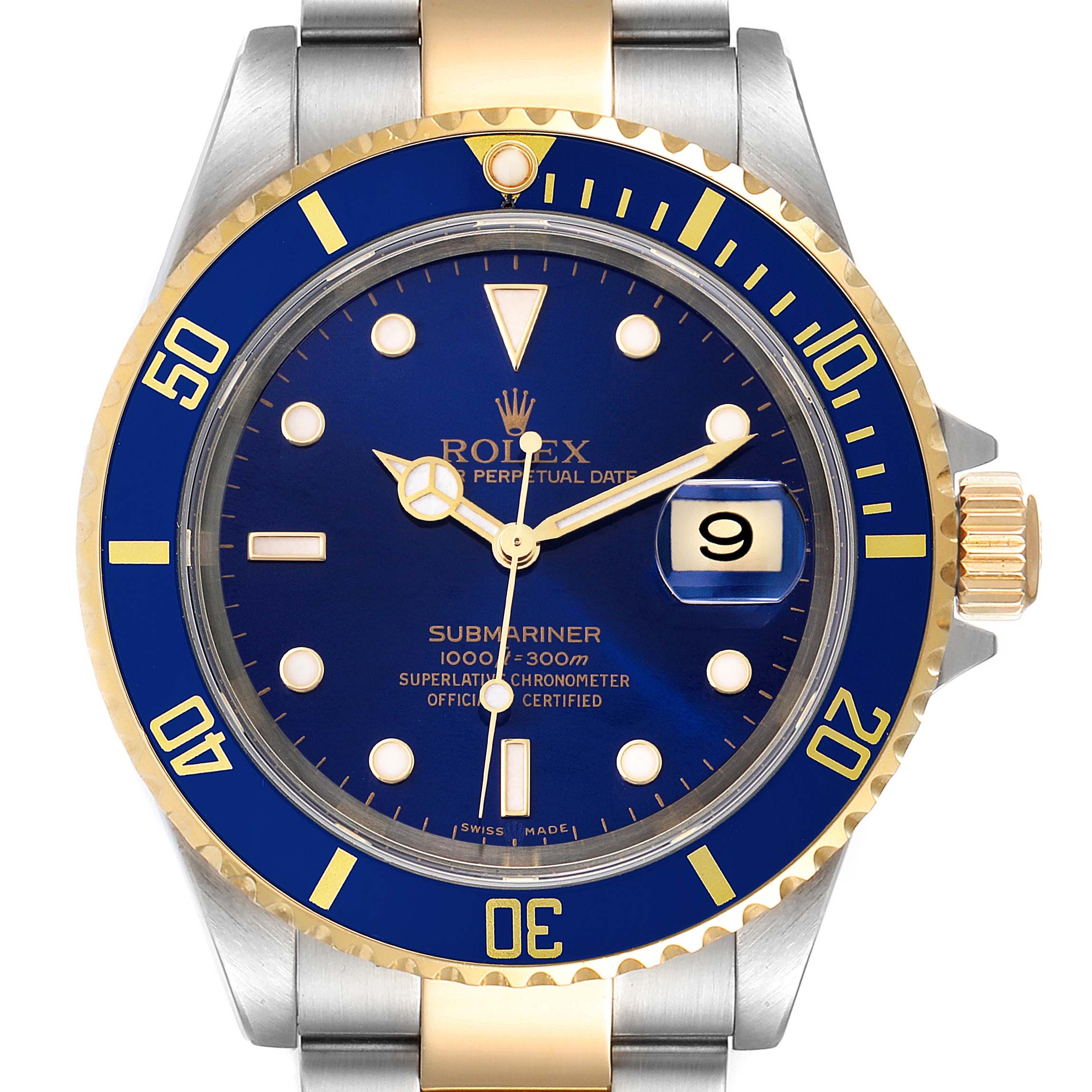 The image shows the face and bezel of a Rolex Submariner 16613 Men
s Steel and Gold (two tone) Blue Dial 16613 Men
s Steel and Gold (two tone) Blue Dial watch, highlighting its blue dial, gold accents, and stainless steel bracelet.