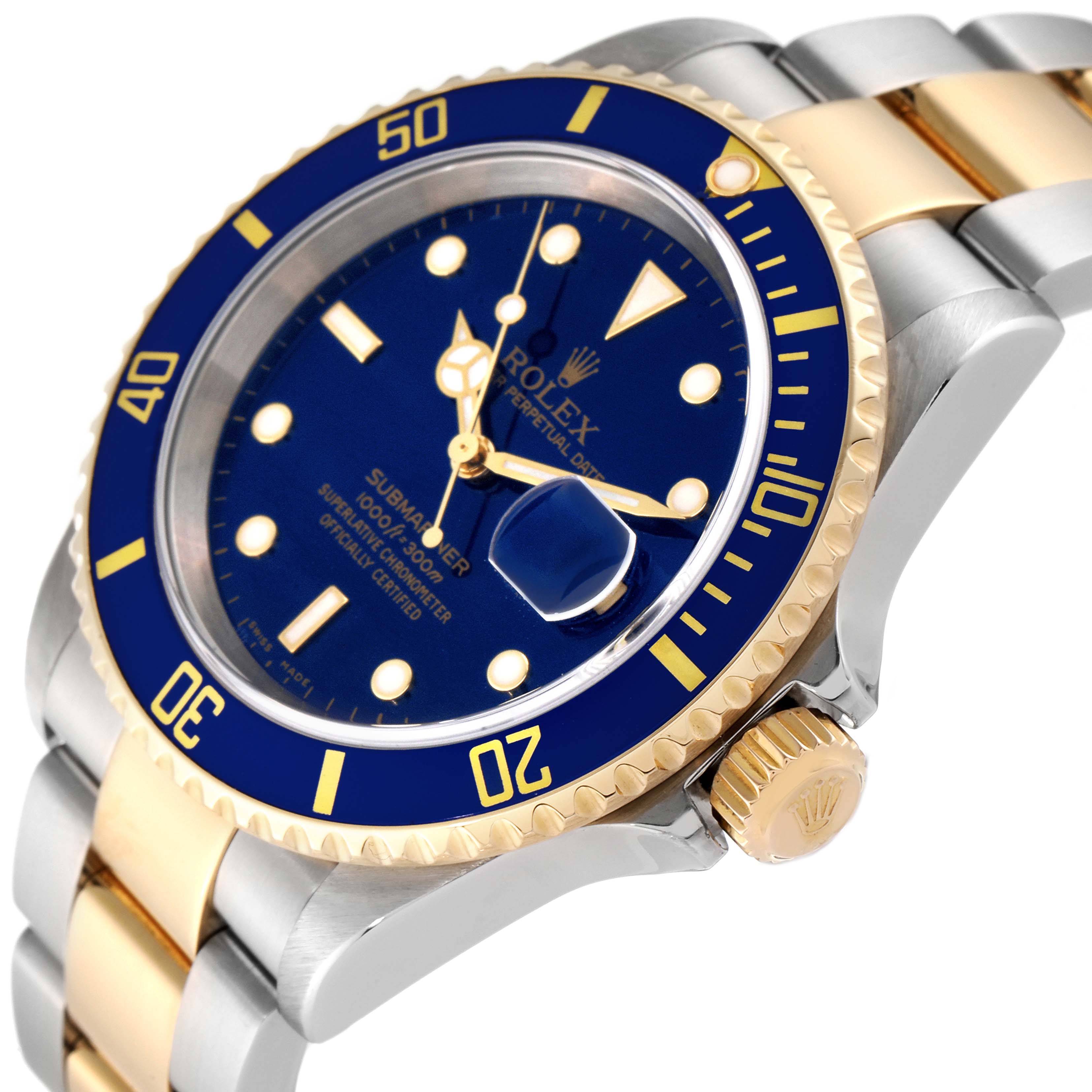The image shows a close-up side angle of a Rolex Submariner 16613 Men
s Steel and Gold (two tone) Blue Dial 16613 Men
s Steel and Gold (two tone) Blue Dial watch, highlighting the blue dial, gold accents, and crown.