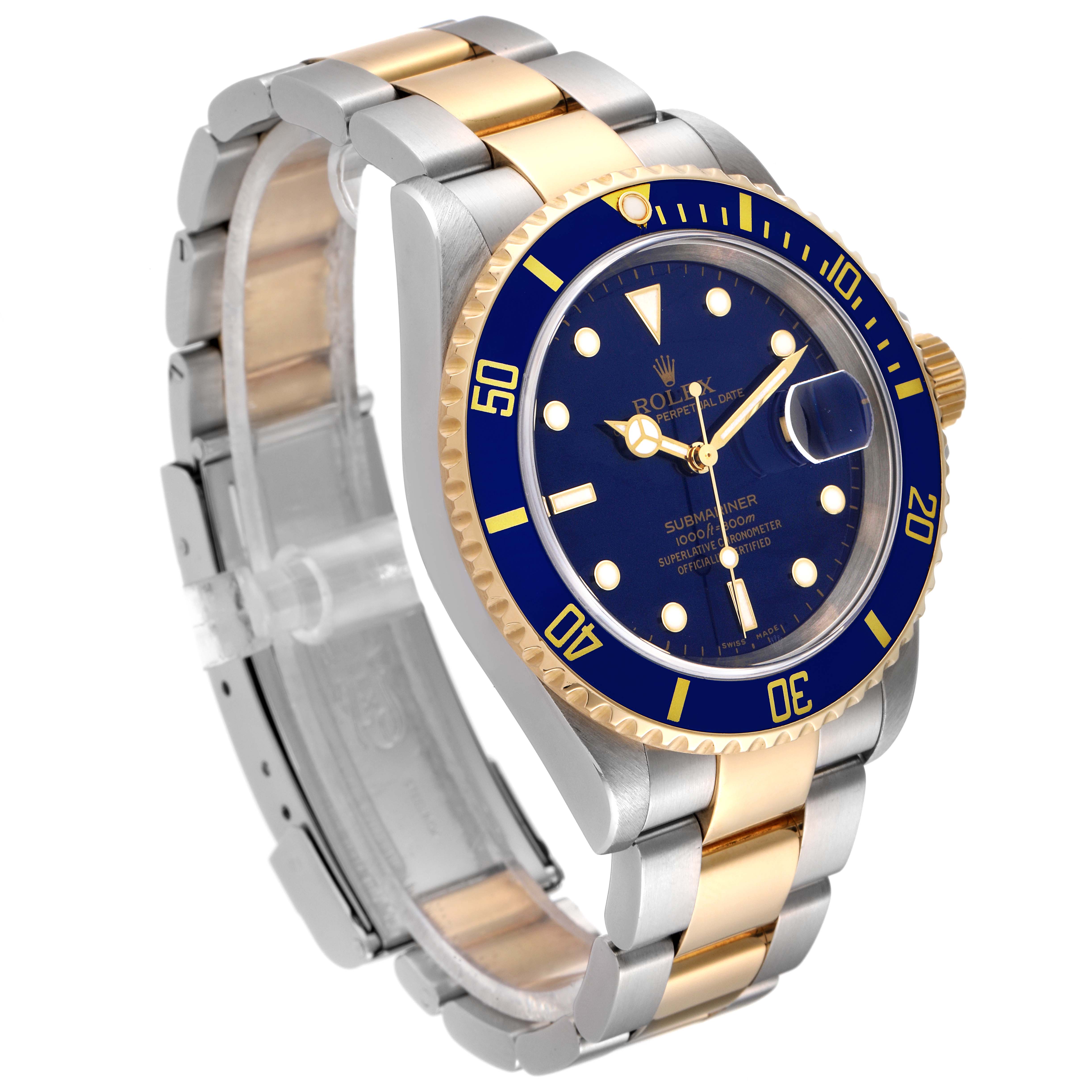 This Rolex Submariner 16613 Men
s Steel and Gold (two tone) Blue Dial 16613 Men
s Steel and Gold (two tone) Blue Dial watch is shown at an angled view, highlighting the face, bezel, crown, and two-tone bracelet.