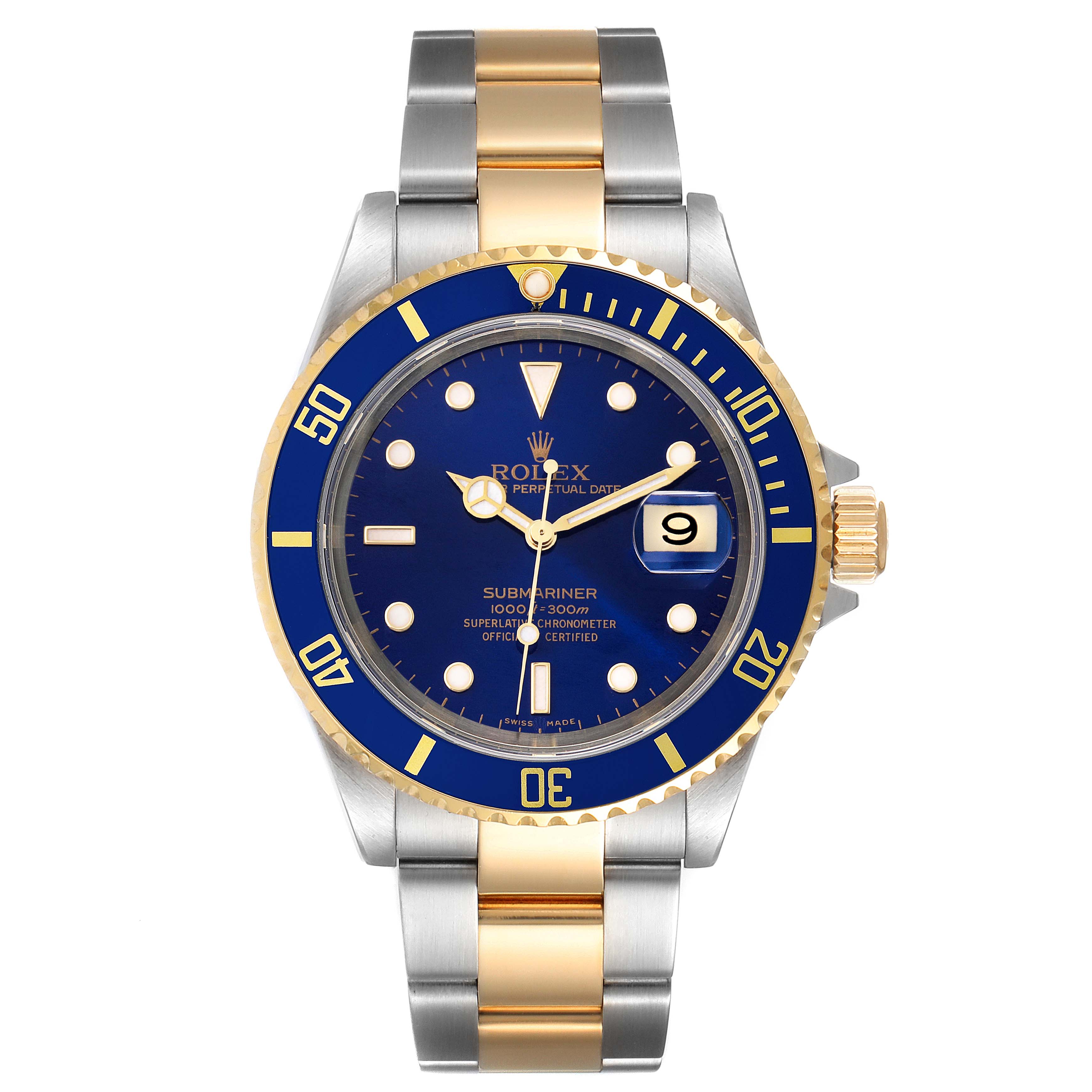 The image shows a front view of a Rolex Submariner 16613 Men
s Steel and Gold (two tone) Blue Dial 16613 Men
s Steel and Gold (two tone) Blue Dial watch, highlighting the dial, bezel, and two-tone bracelet.