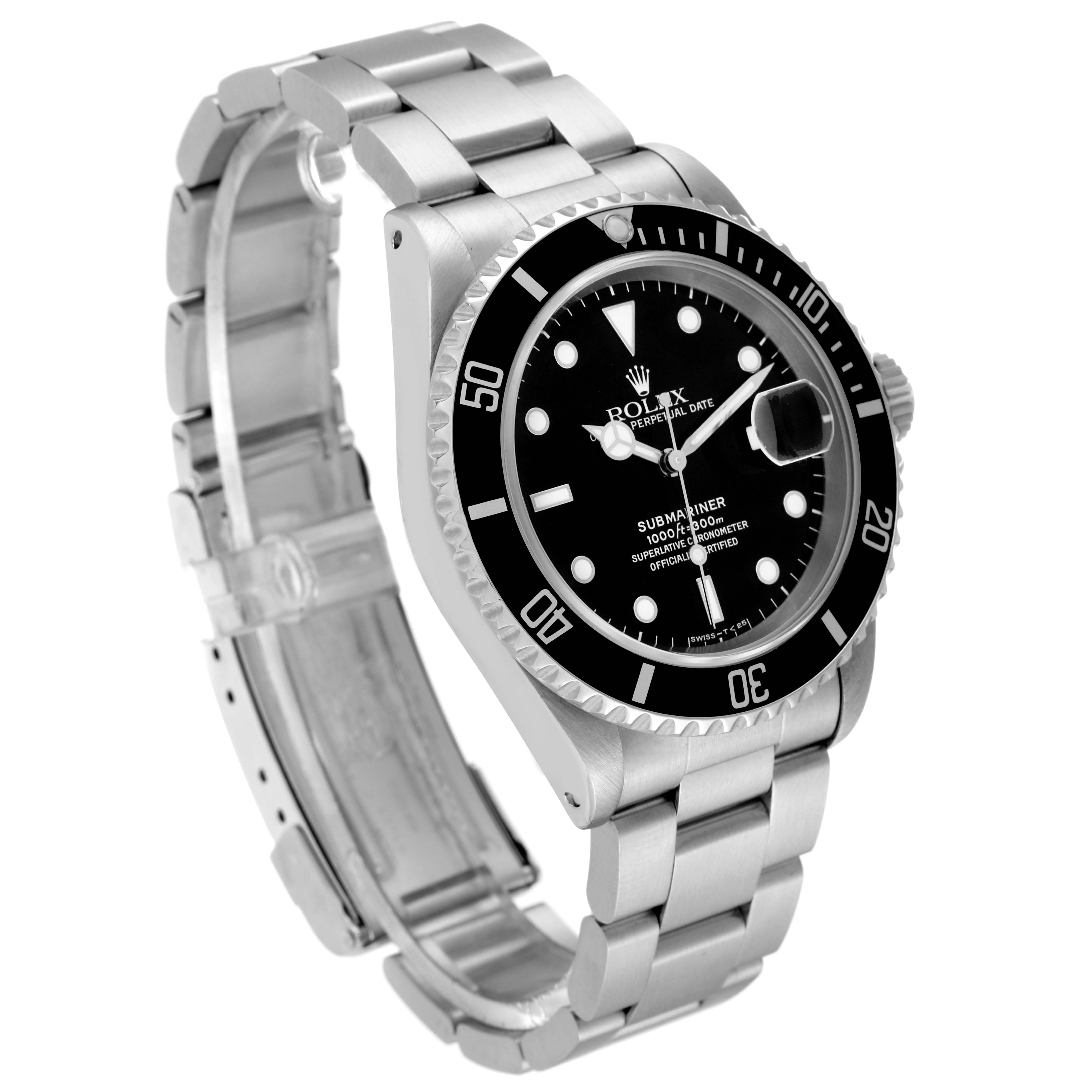 The Rolex Submariner 16610 Men
s Stainless Steel Black Dial 16610 Men
s Stainless Steel Black Dial watch is shown at an angled side view, displaying its bracelet, bezel, and watch face.