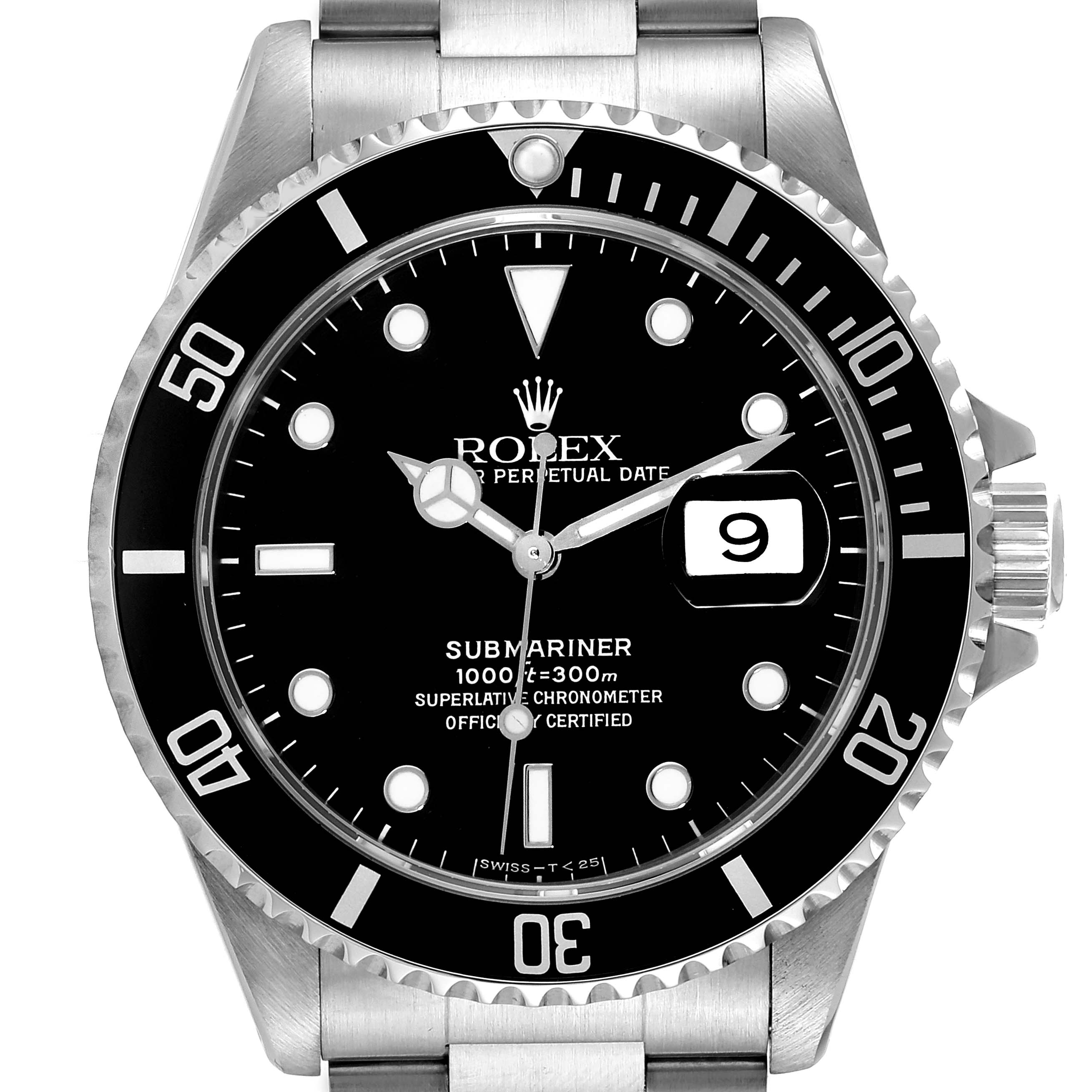 The image shows a front view of the Rolex Submariner 16610 Men
s Stainless Steel Black Dial 16610 Men
s Stainless Steel Black Dial watch, displaying the dial, bezel, hands, and part of the bracelet.