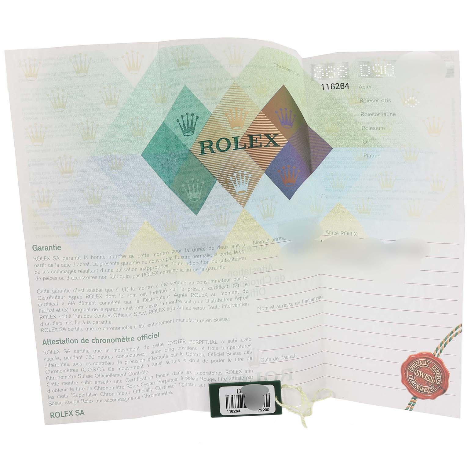 The image shows the warranty and chronometer certificate for a Rolex Turn-o-Graph 116264 Men
s Stainless Steel White Dial 116264 Men
s Stainless Steel White Dial model, including the model number 116264.