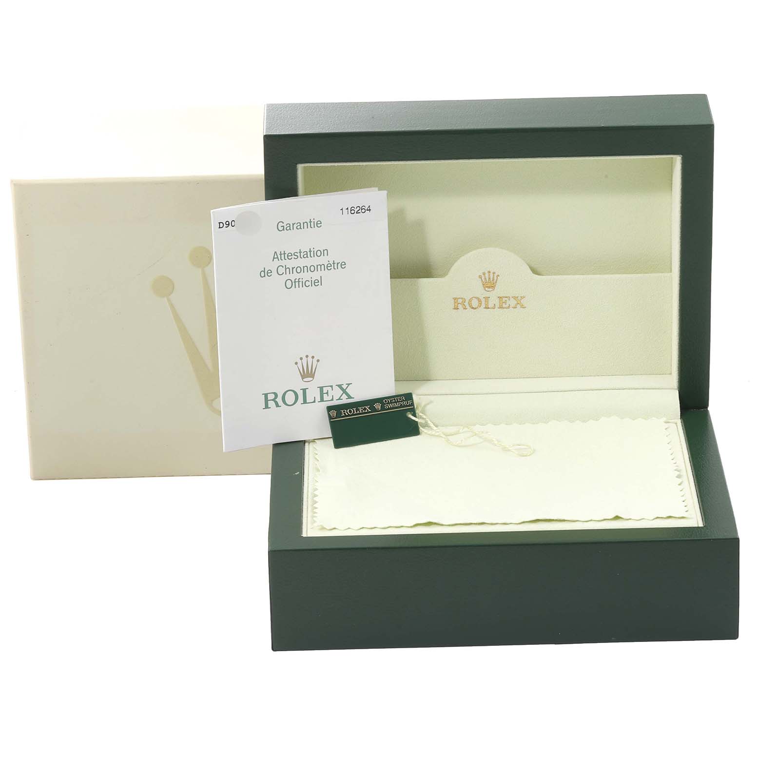 The image shows the box, warranty card, and tag of a Rolex Turn-o-Graph 116264 Men
s Stainless Steel White Dial 116264 Men
s Stainless Steel White Dial watch.