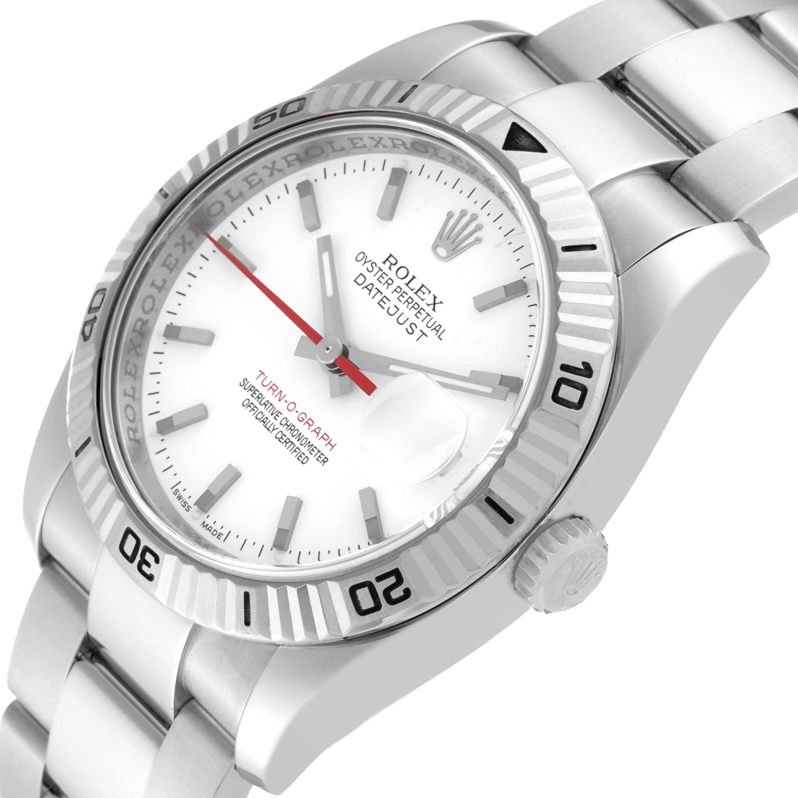 The image shows a close-up angle of the Rolex Turn-o-Graph 116264 Men
s Stainless Steel White Dial 116264 Men
s Stainless Steel White Dial watch, highlighting the dial, bezel, and part of the bracelet.