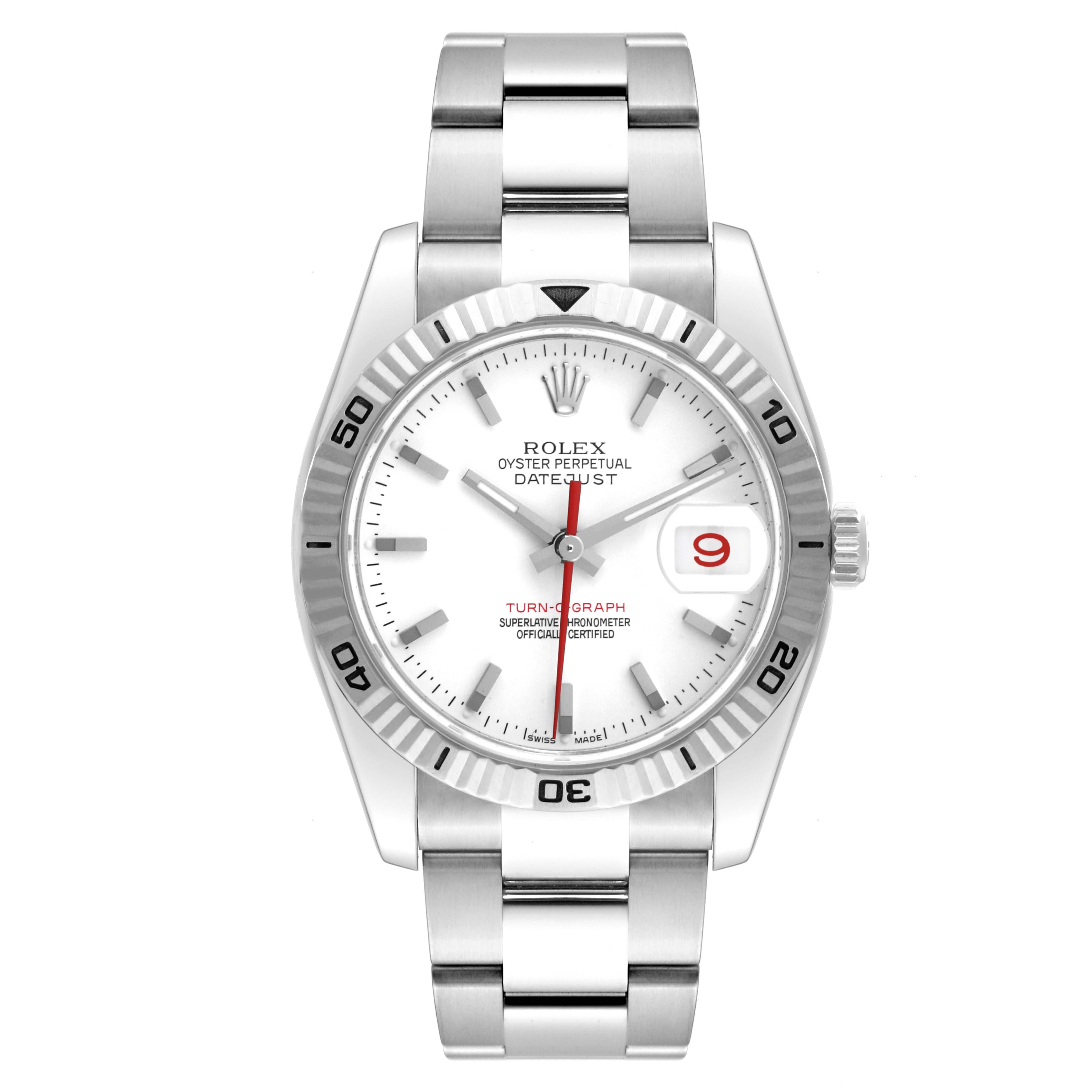 This image shows a front view of the Rolex Turn-o-Graph 116264 Men
s Stainless Steel White Dial 116264 Men
s Stainless Steel White Dial watch, including its bezel, dial, hands, and bracelet.