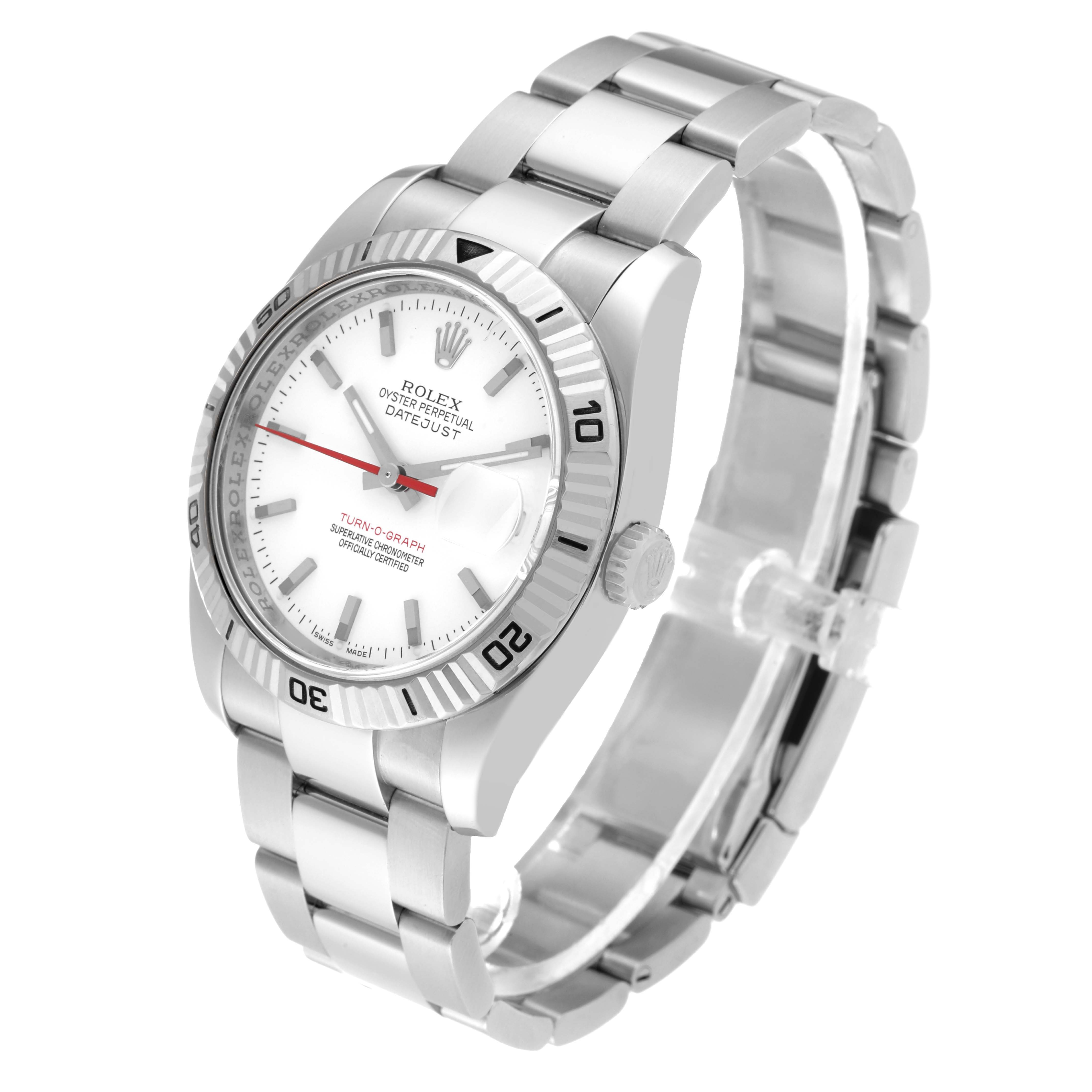 The image shows a Rolex Turn-o-Graph 116264 Men
s Stainless Steel White Dial 116264 Men
s Stainless Steel White Dial watch at a slight angle, highlighting its dial, bezel, bracelet, and crown.