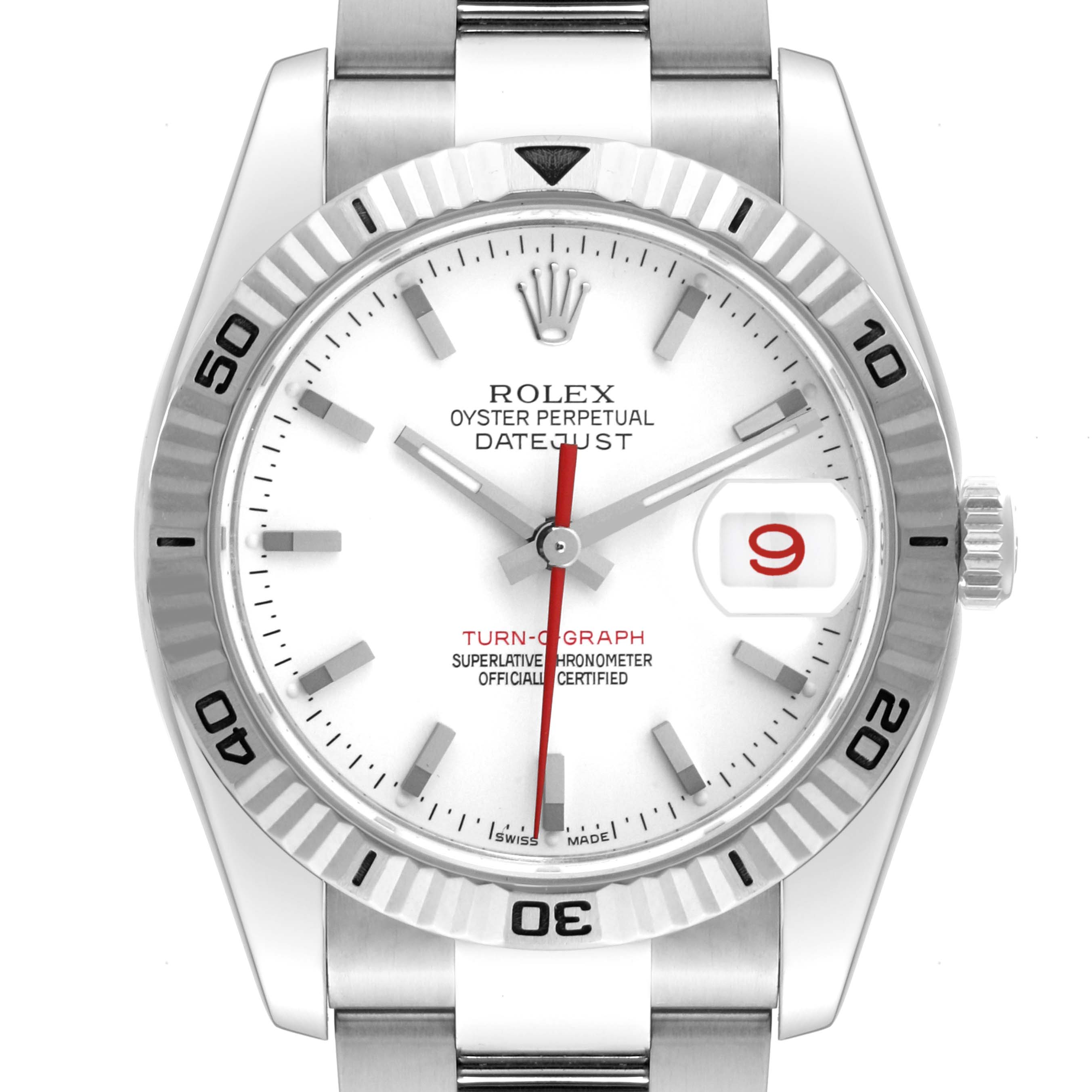 The image shows a front view of the Rolex Turn-o-Graph 116264 Men
s Stainless Steel White Dial 116264 Men
s Stainless Steel White Dial watch, displaying its face, bezel, crown, and part of the bracelet.
