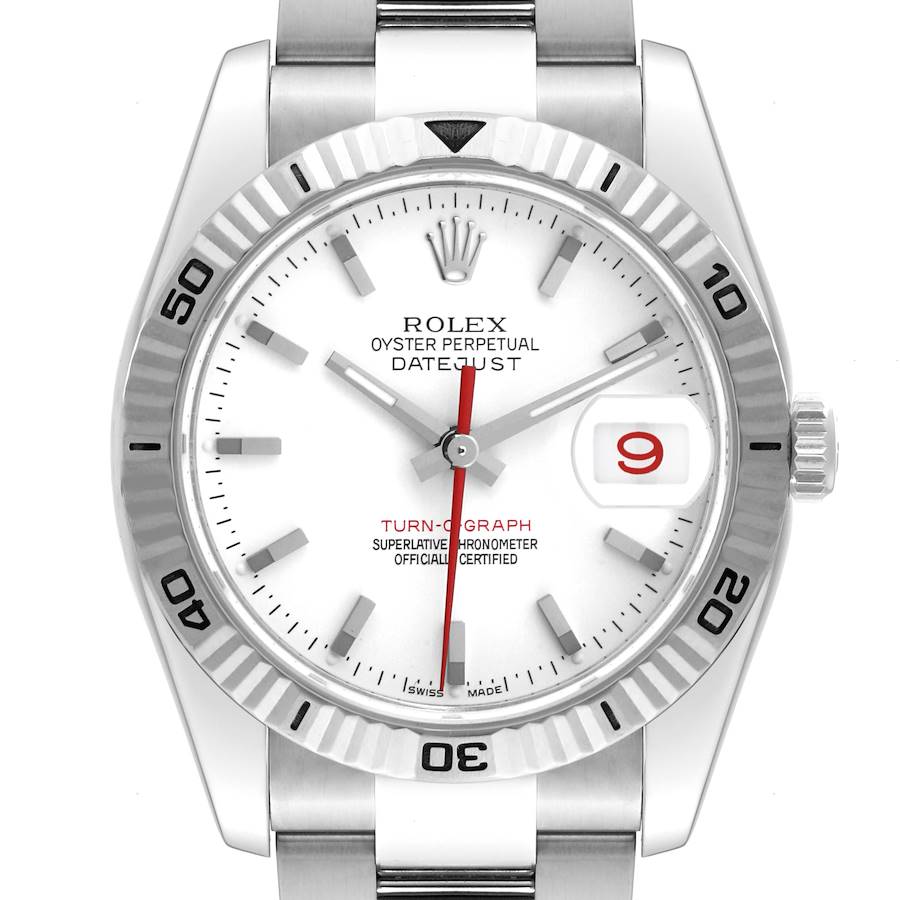 The image shows a front view of the Rolex Turn-o-Graph watch, displaying its face, bezel, crown, and part of the bracelet.