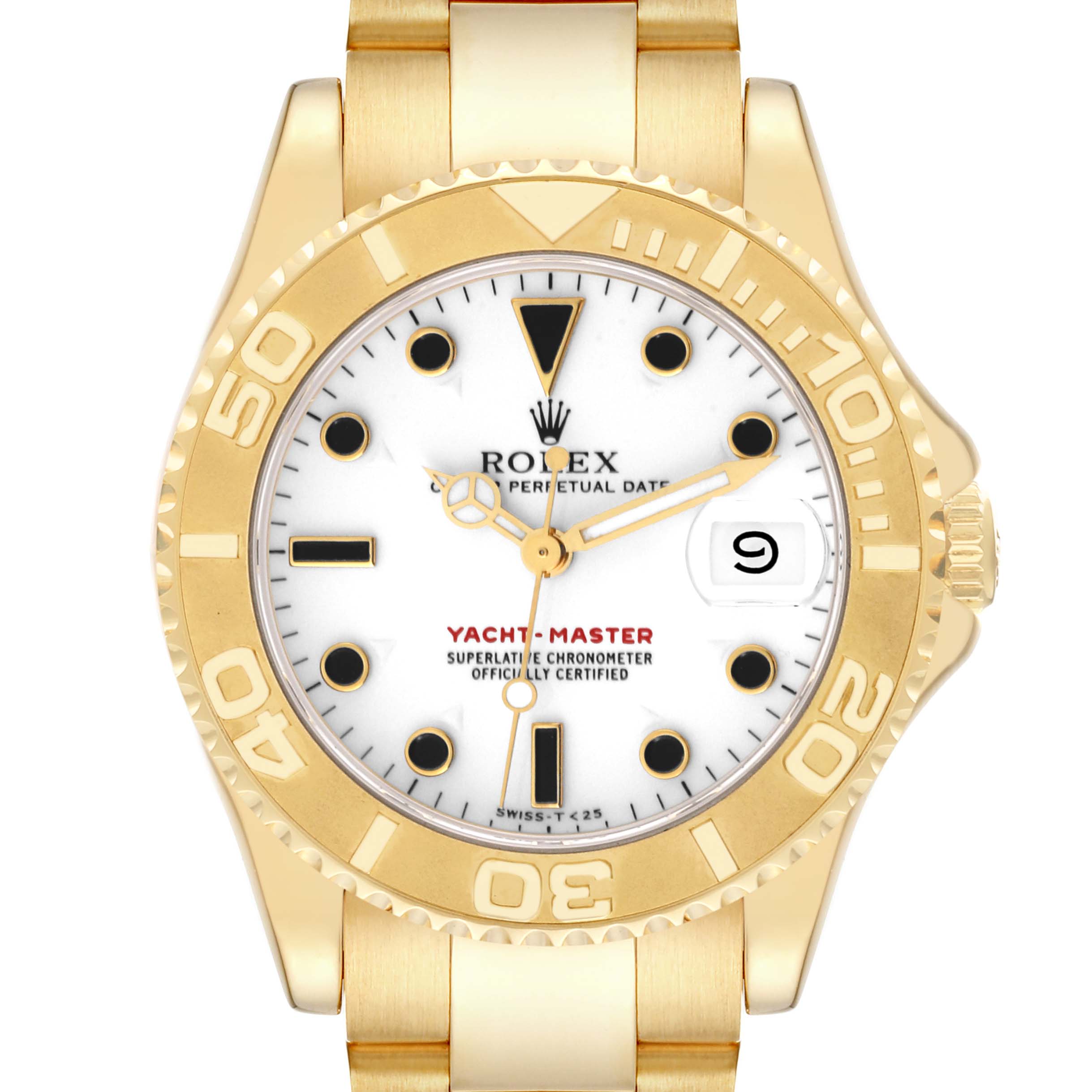 This image shows the front view of a Rolex Yacht-Master 68628 Men's Yellow Gold White Dial 68628 Men's Yellow Gold White Dial watch, highlighting its dial, bezel, case, and bracelet.